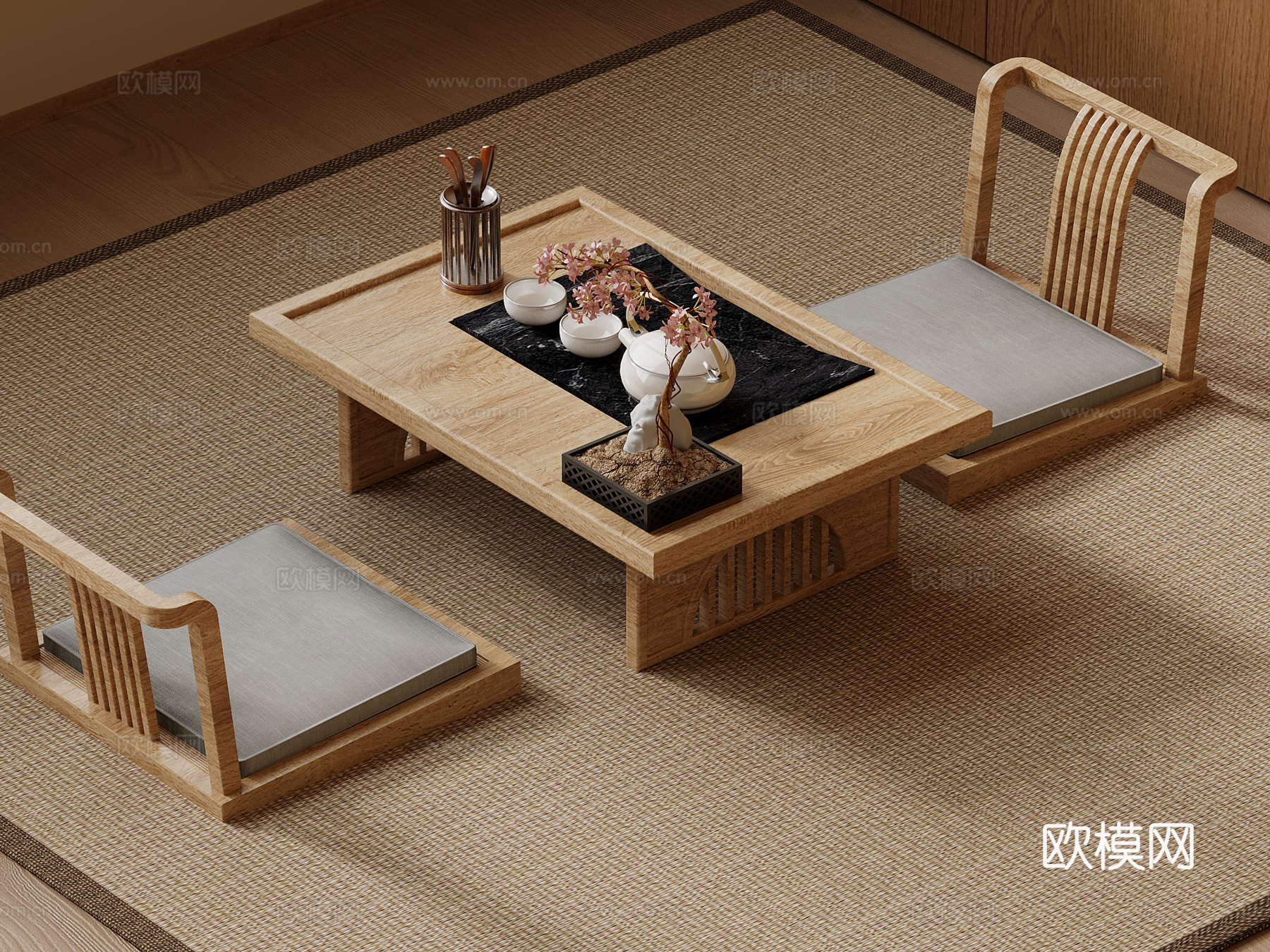 茶桌椅 新中式茶桌椅 禅意餐桌椅 茶具3d模型