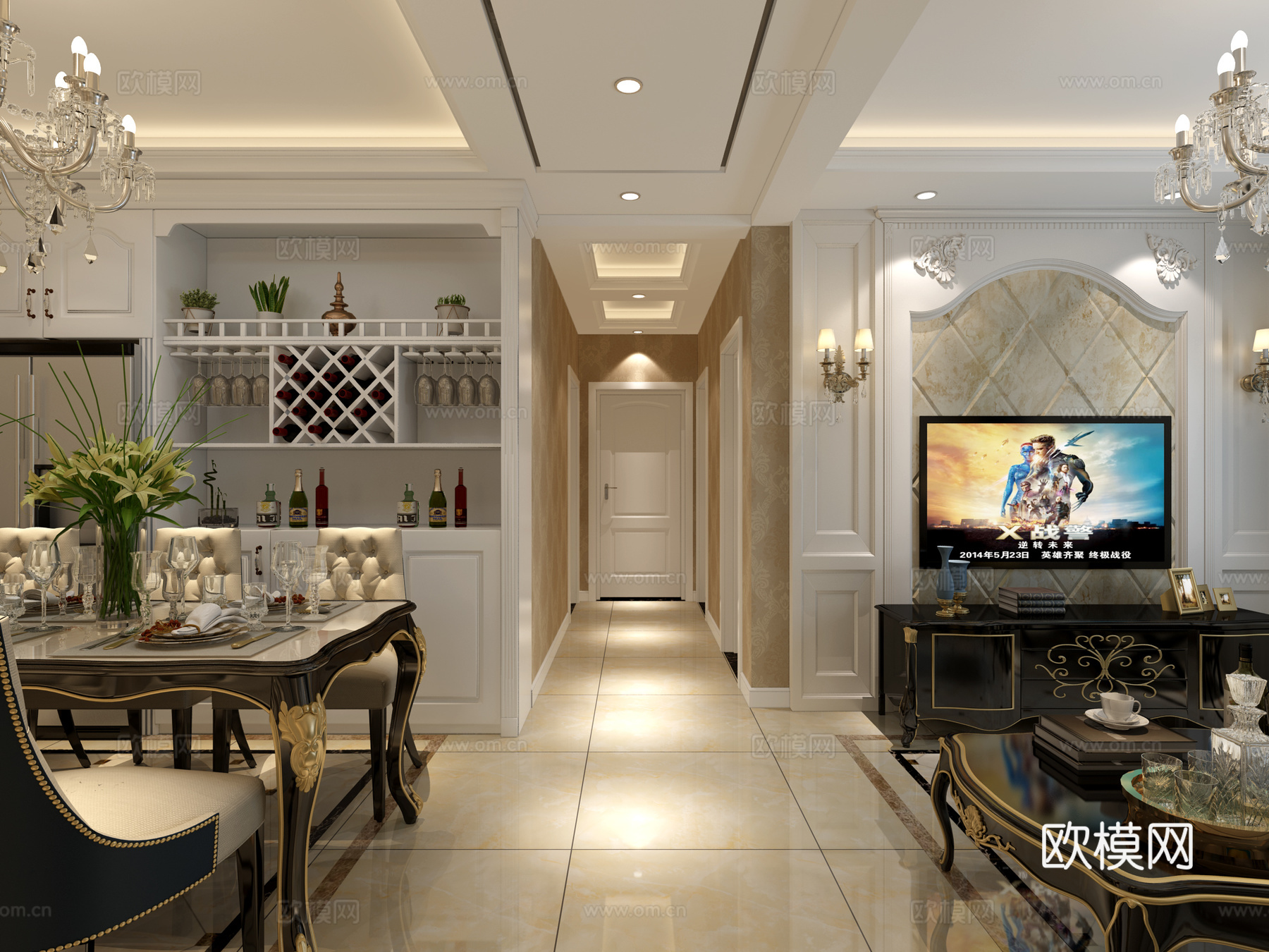 简欧客厅餐厅过道3d模型