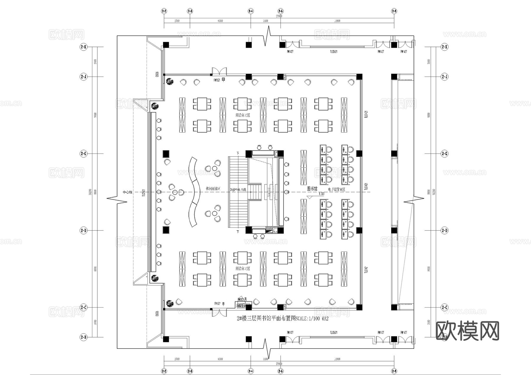 两层学校图书馆阅读室施工图cad施工图