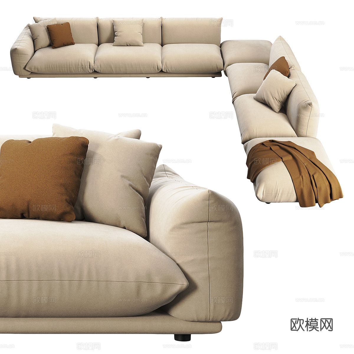 现代奶油风布艺转角沙发3d模型
