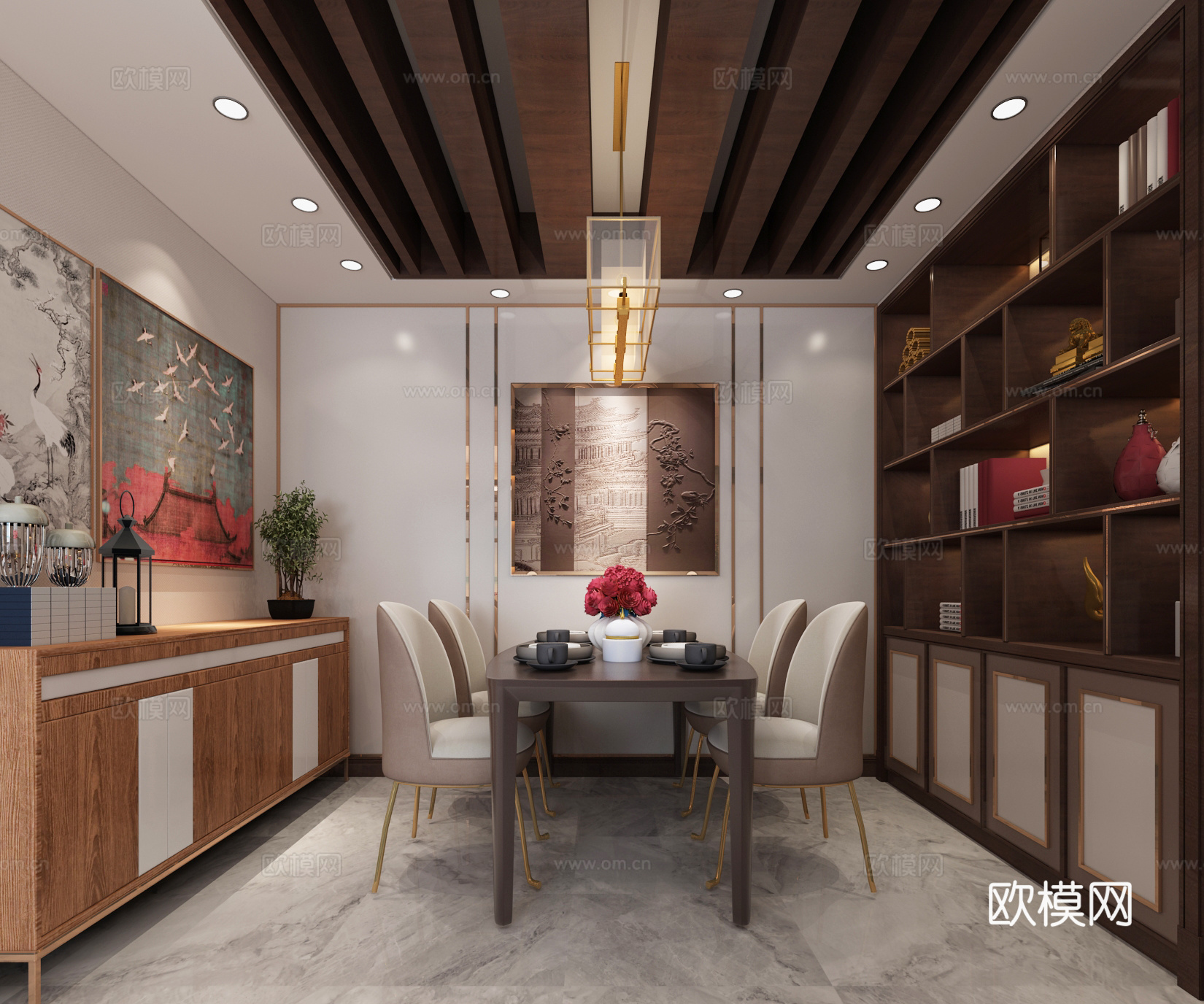 新中式客餐厅 吊灯 沙发 茶几3d模型
