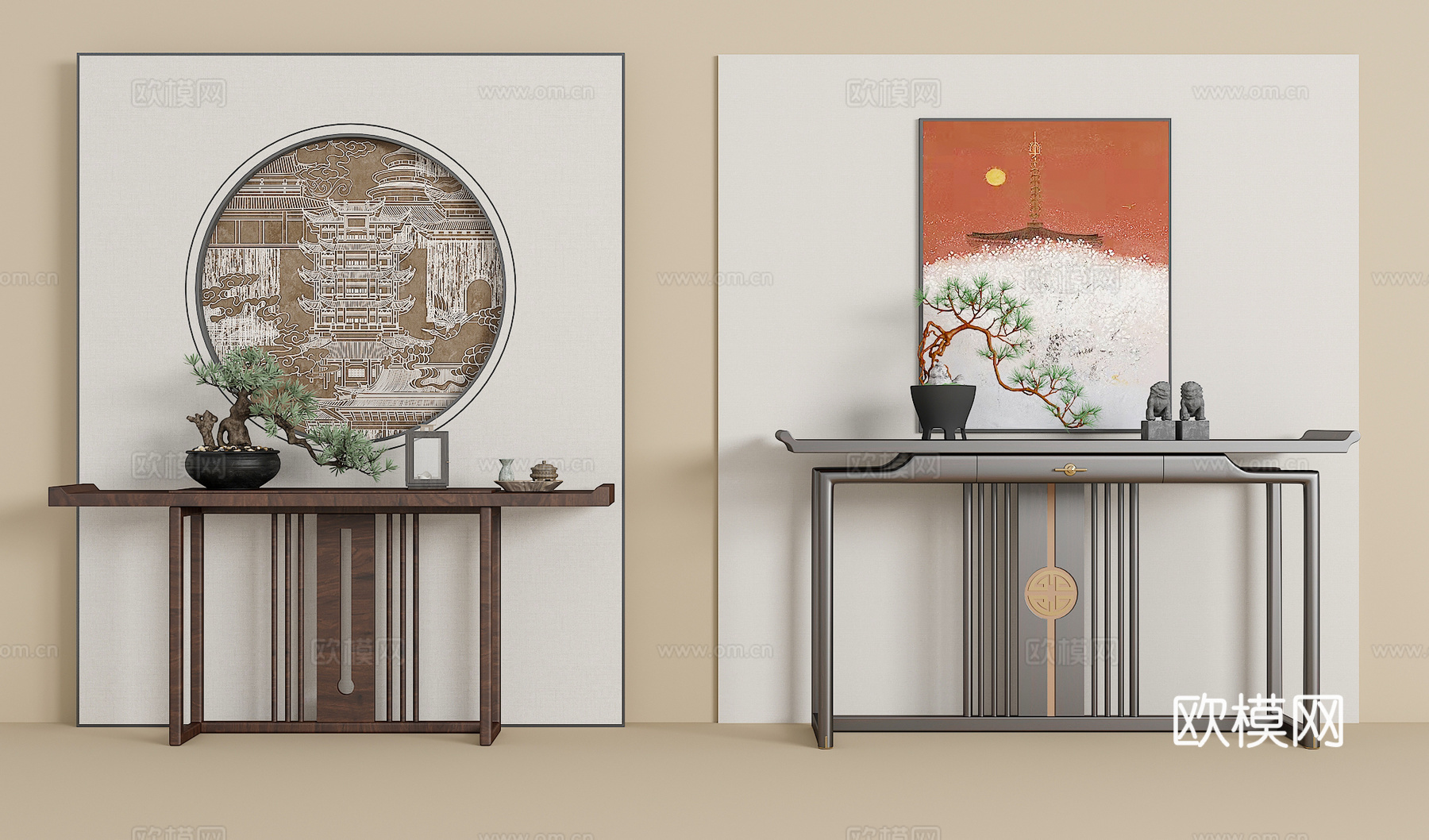 新中式端景边柜 玄关柜 挂画 绿植 饰品摆件3d模型