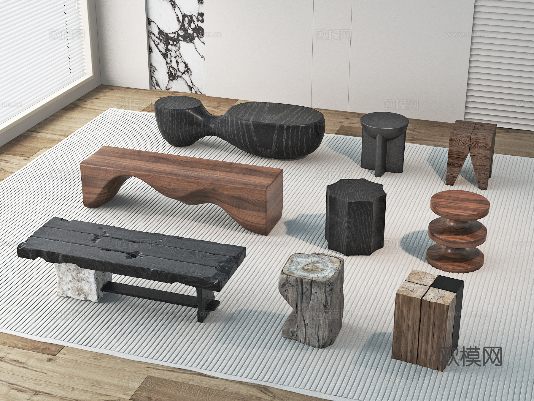 中古风 侘寂风 沙发凳 长凳 木凳3d模型