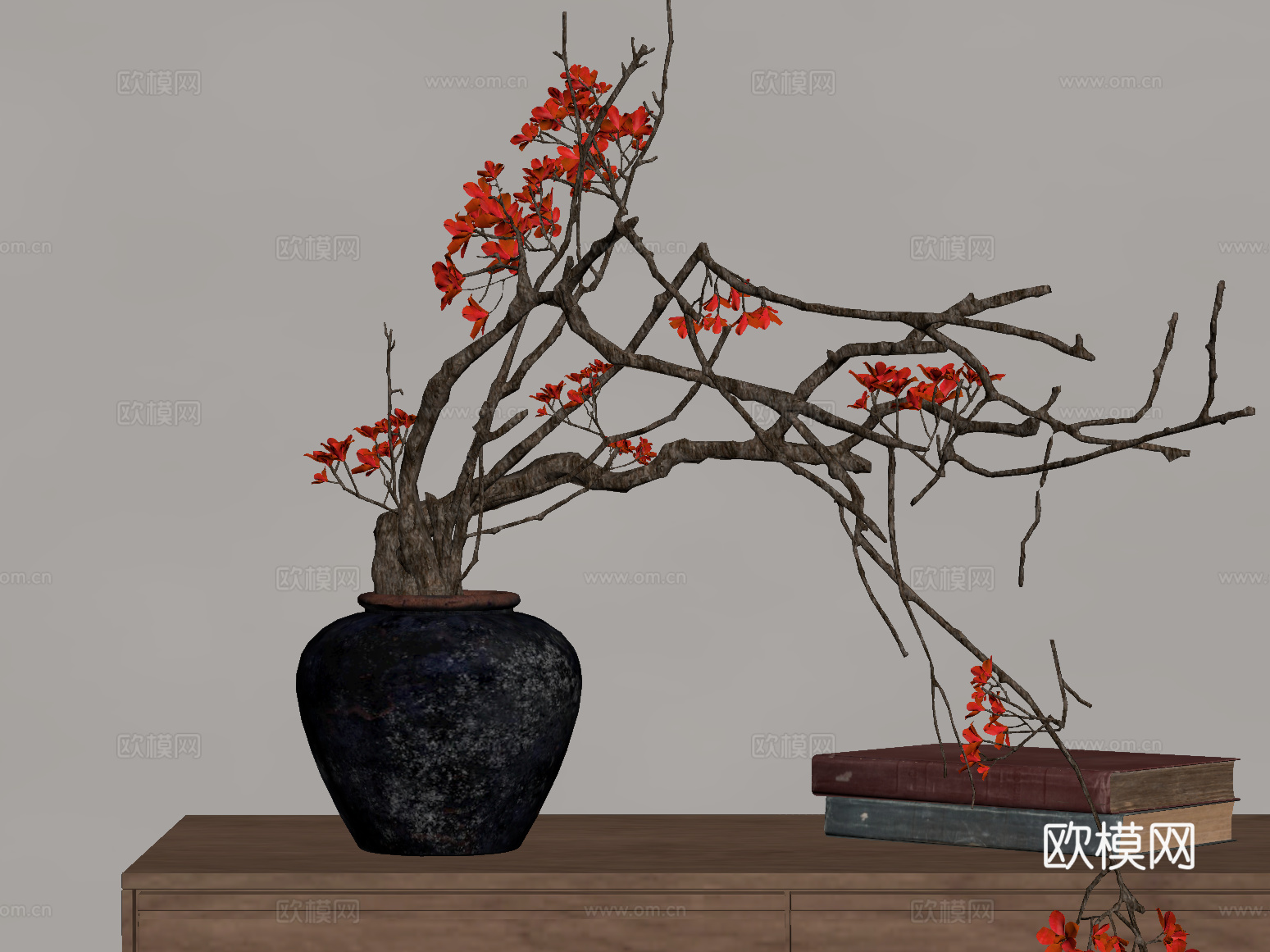 盆景 中古风盆景盆栽 花艺 书籍su模型
