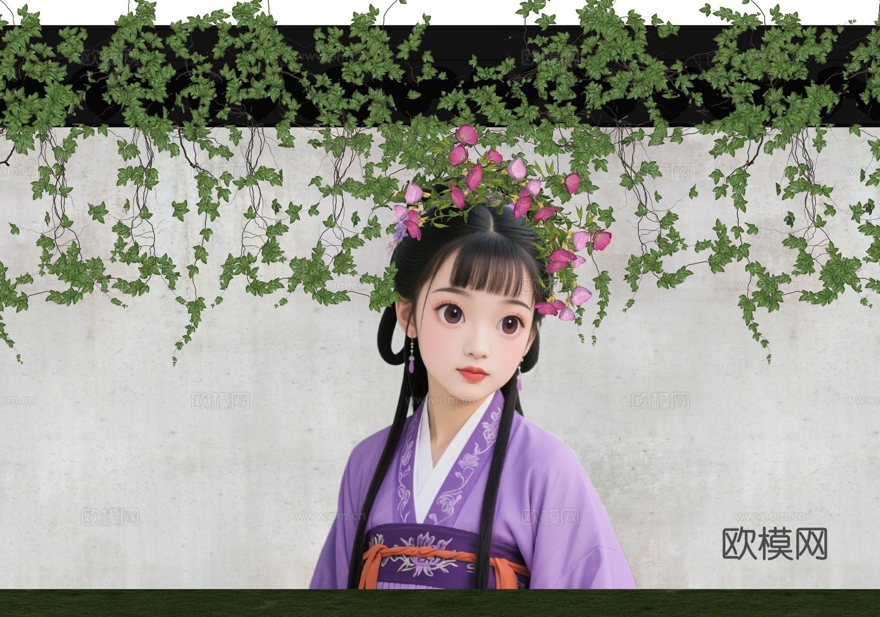 花朵围墙 花艺墙 卡通围墙 花朵女孩头发 现代美陈墙面 墙绘su模型