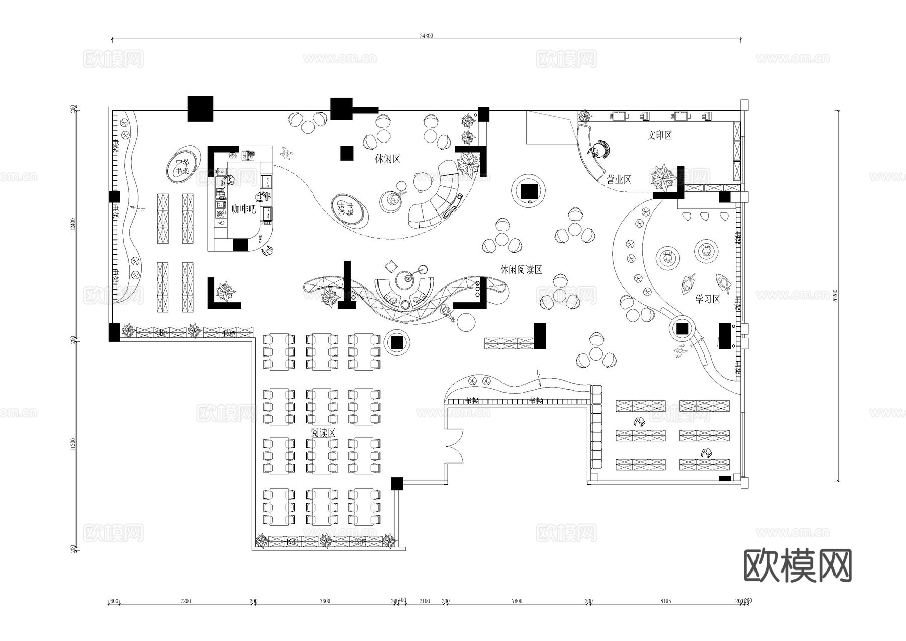图书馆休闲书吧阅读室平面布局图cad施工图