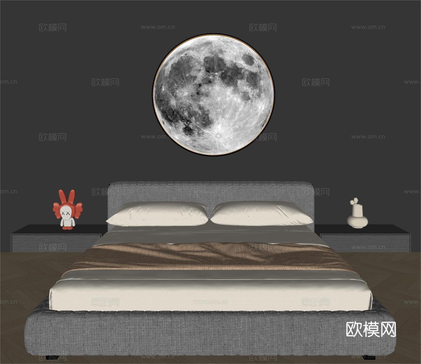 月球装饰壁画灯 月球壁灯 双人床su模型