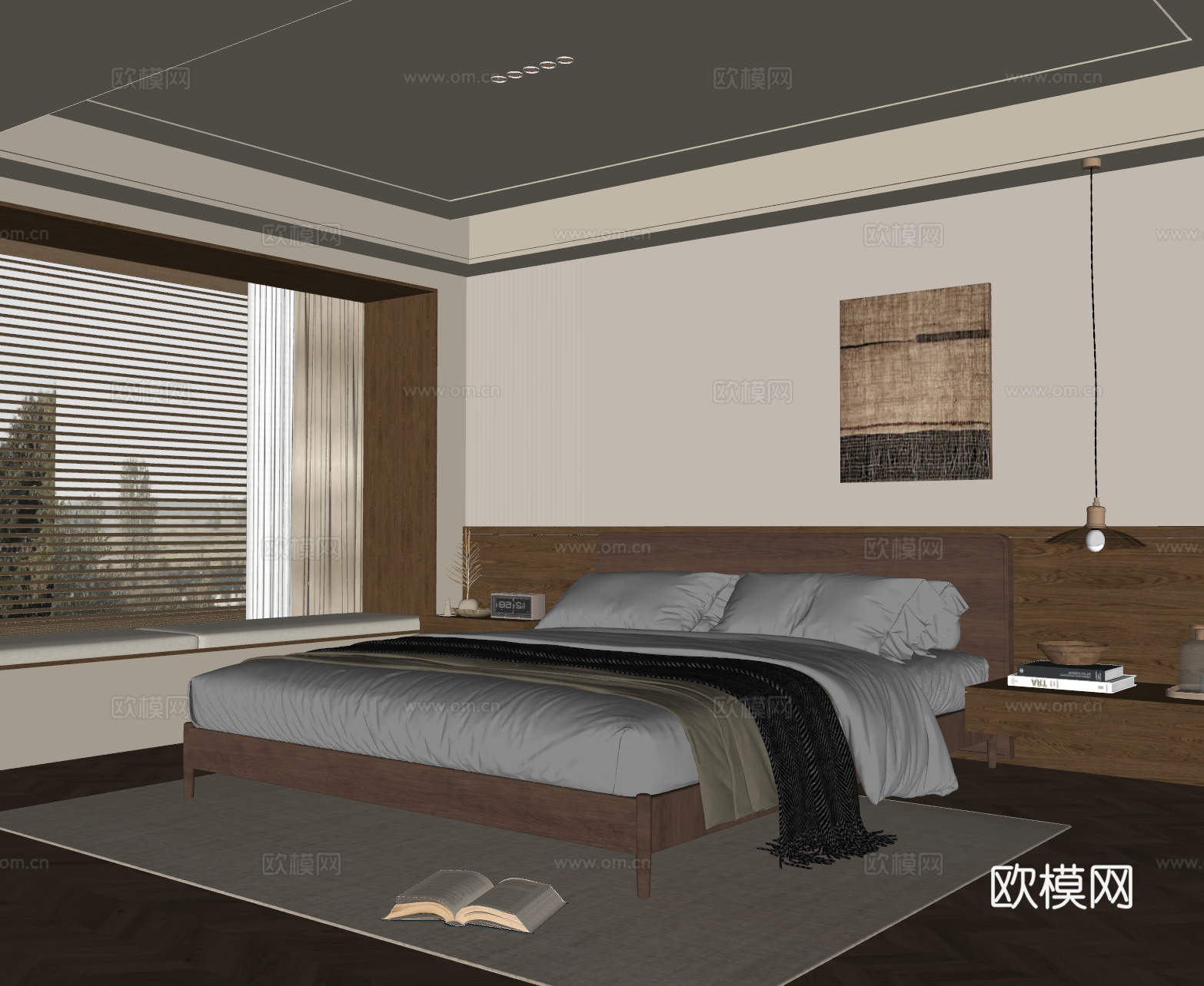 中古风卧室 实木双人床 床头柜 吊灯 挂画 地毯su模型