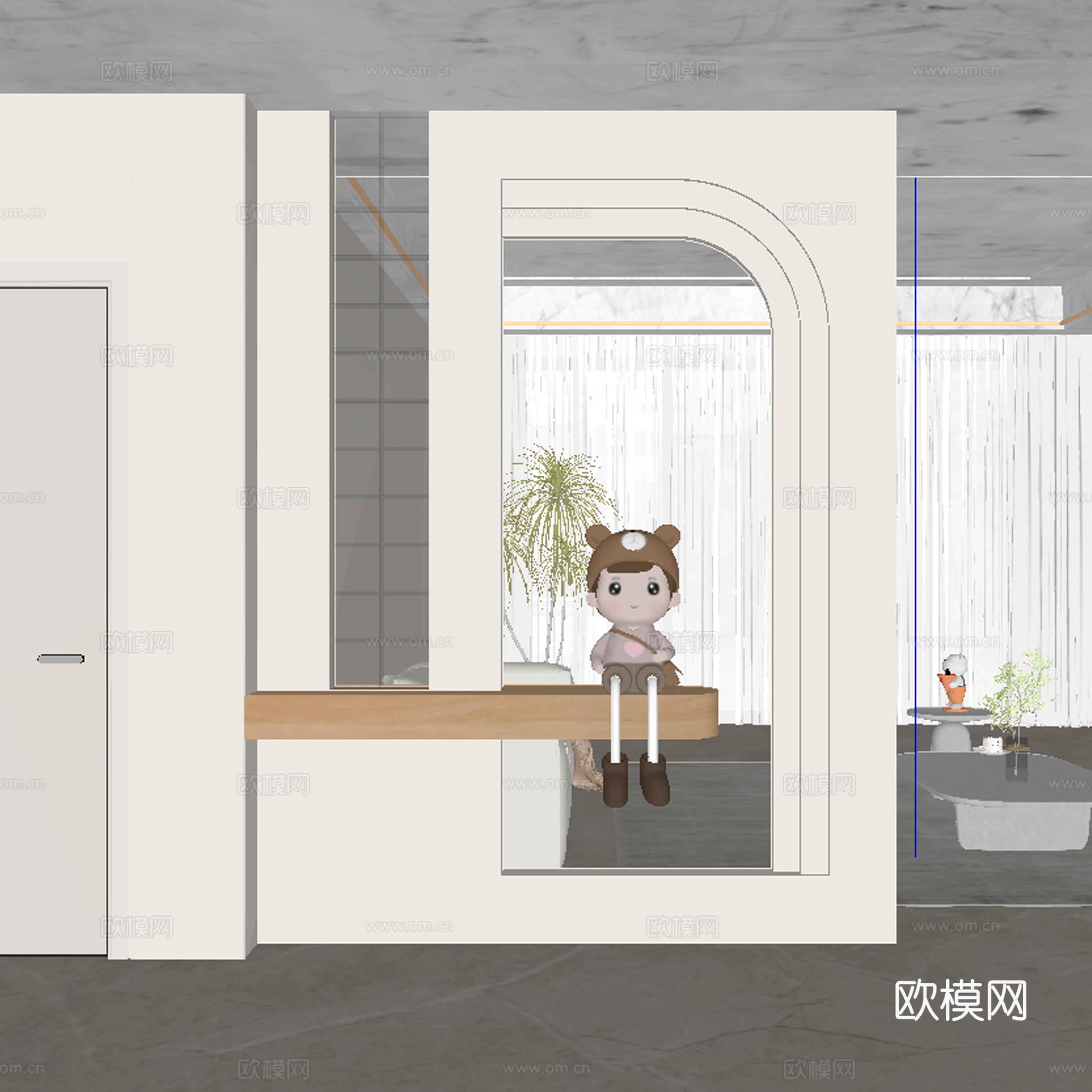 现代奶油风玄关过道 隔断su模型