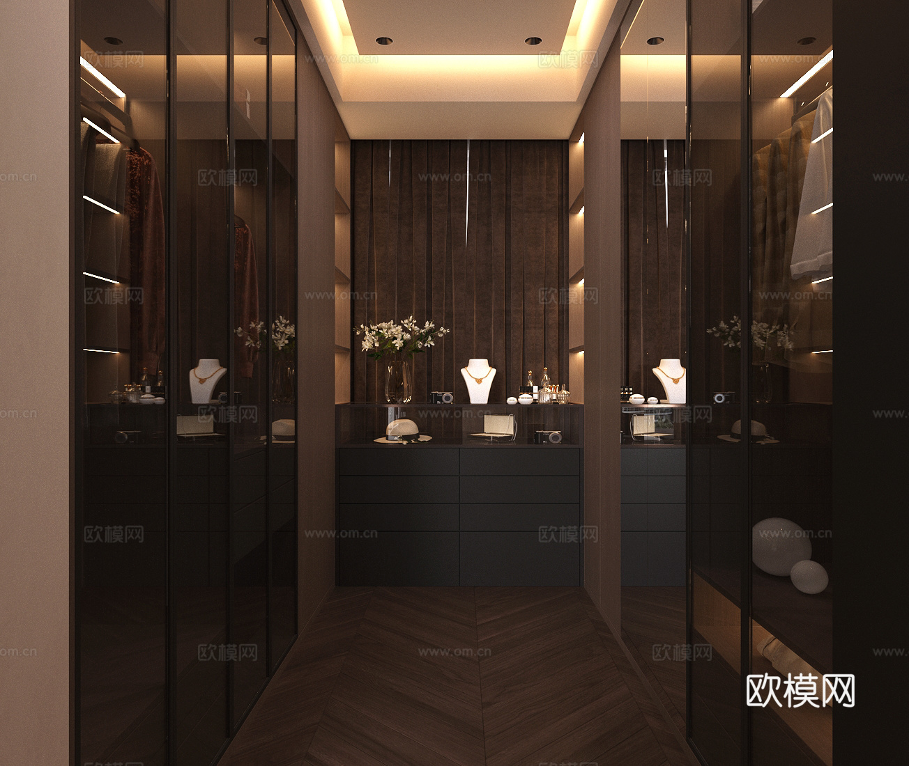 现代意式衣帽间 轻奢椅衣帽间 主卧衣帽间 u型衣帽间 梳妆台su模型
