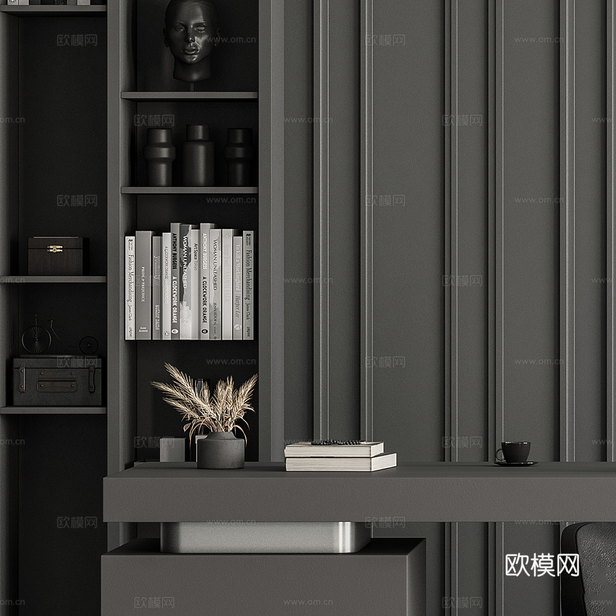现代意式书房书柜 办公桌椅3d模型