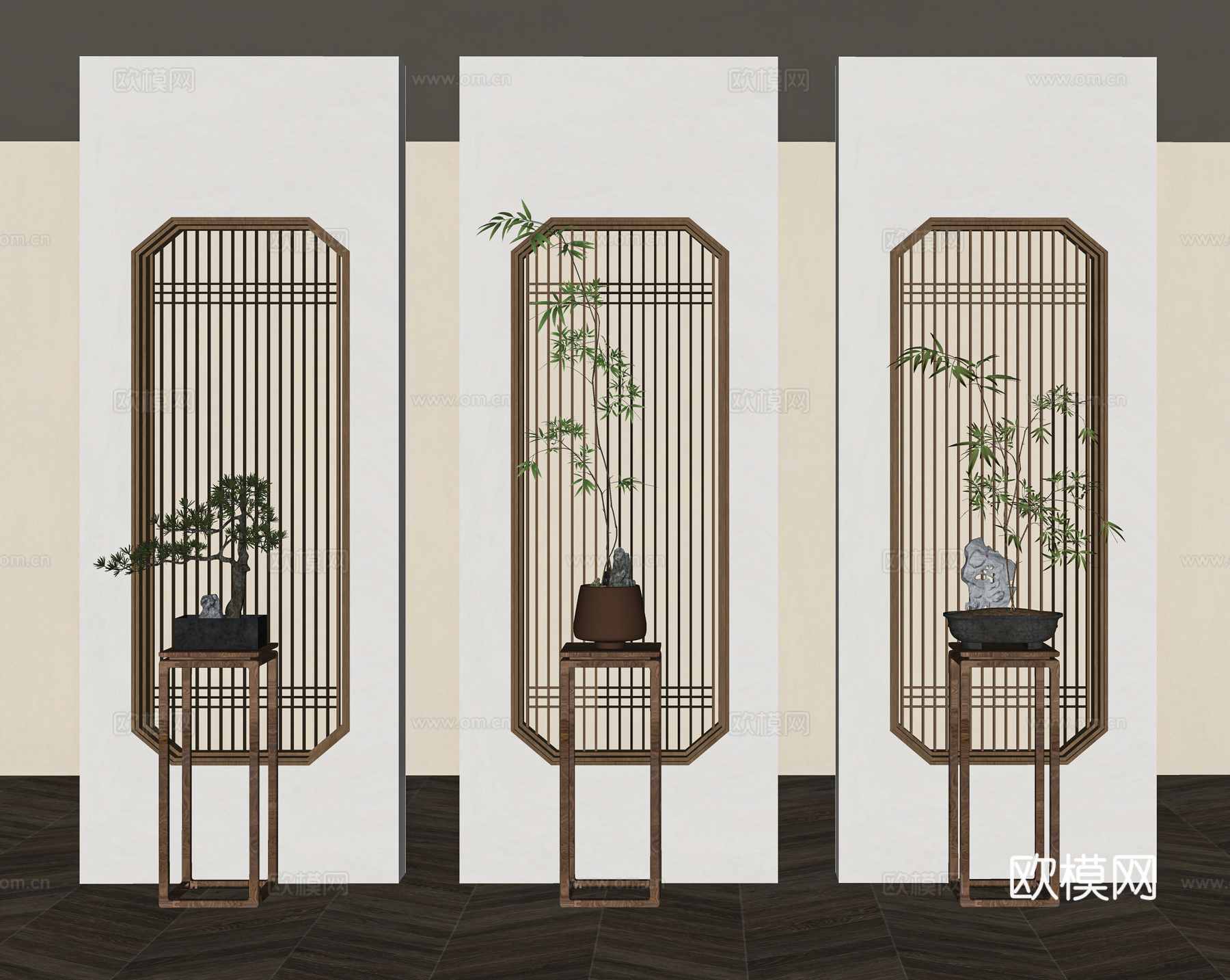 新中式中古盆景花架花格隔断su模型