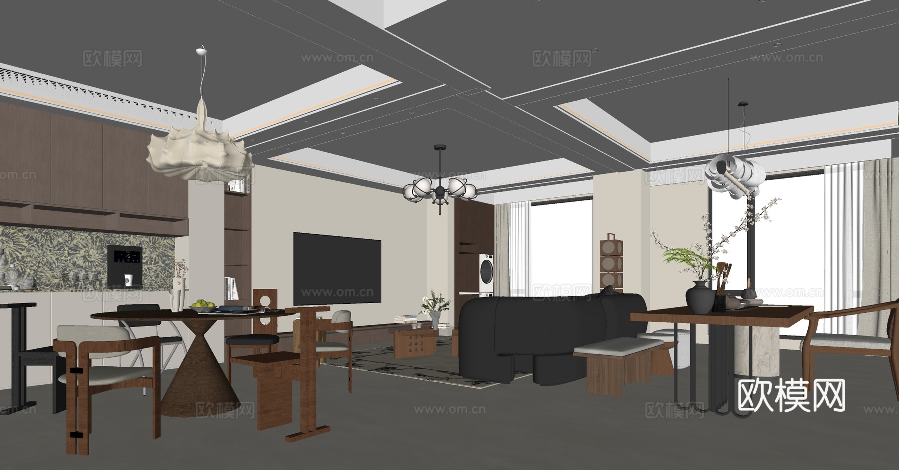 中古复古客餐厅 中古风客餐厅 复古风客餐厅 沙发茶几组合su模型