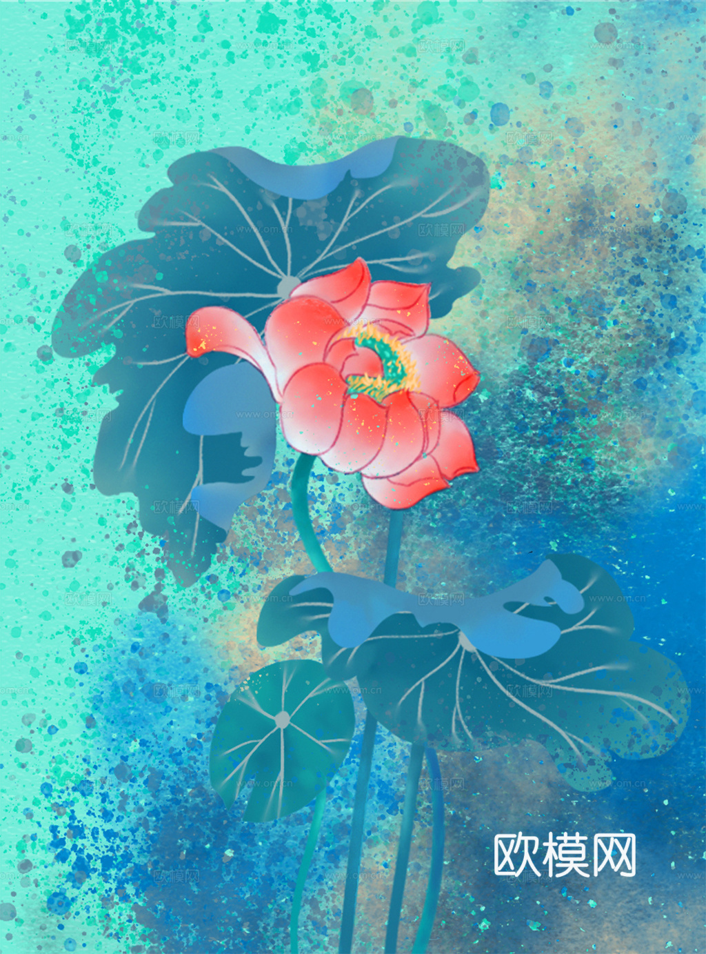 水彩画  荷花 莲花  鱼