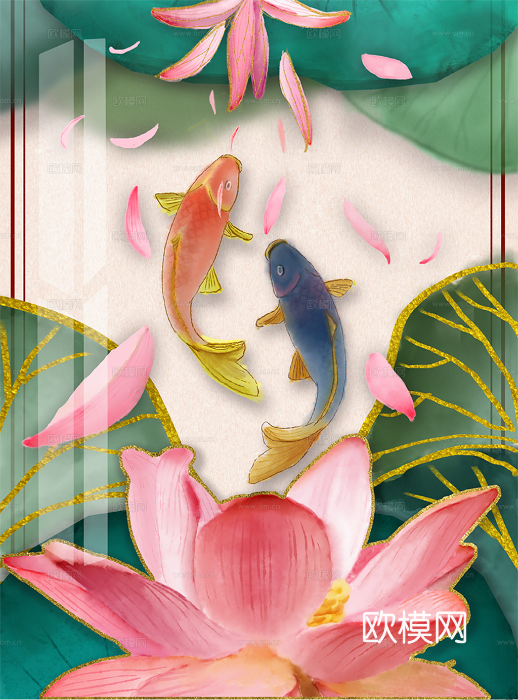 水彩画  荷花 莲花  鱼