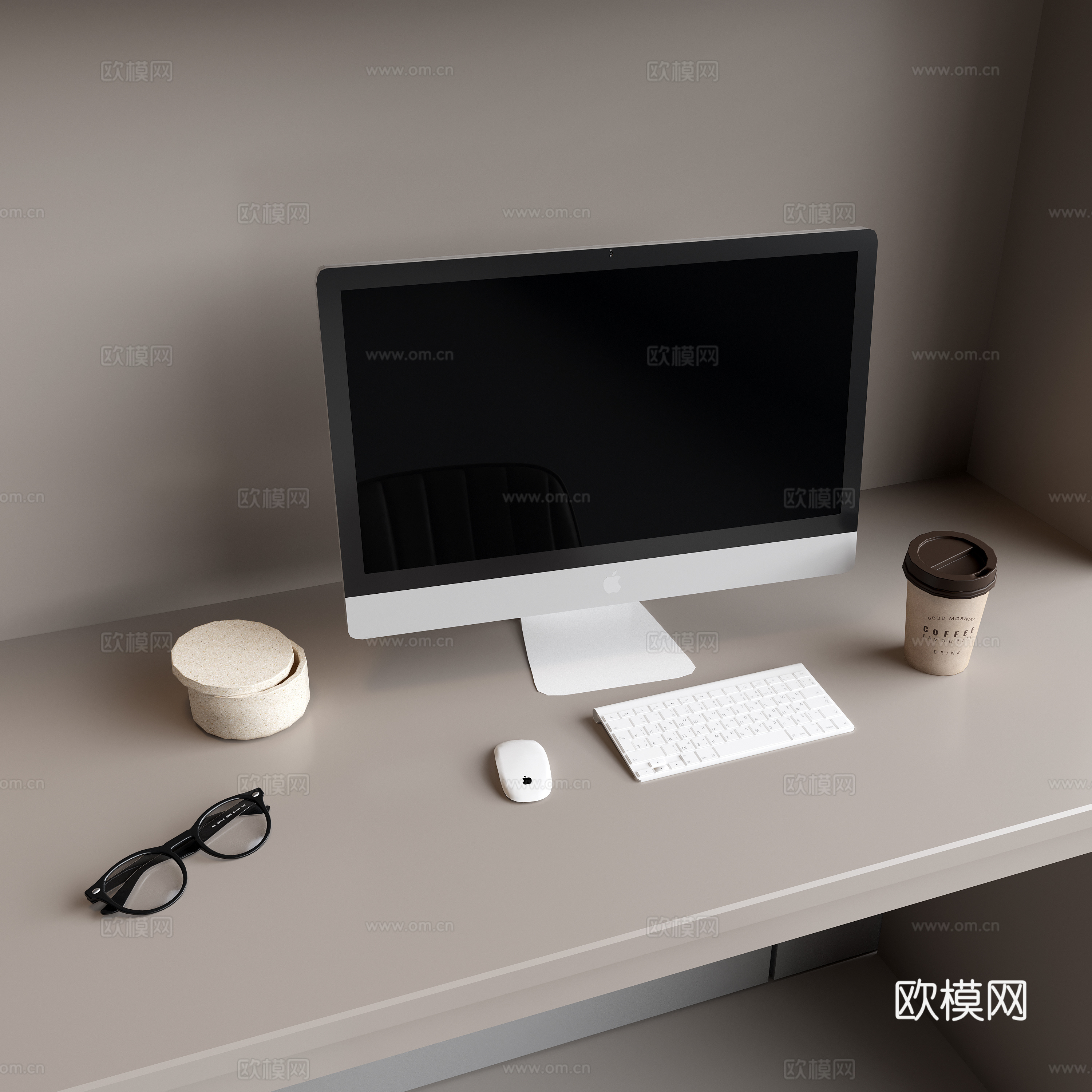 苹果电脑 电脑一体机 键盘 鼠标 眼镜 咖啡杯3d模型