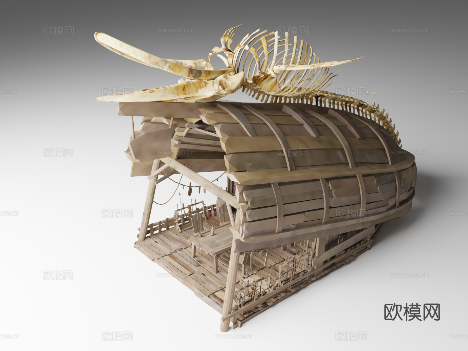 海盗镇 屋城镇 古代木屋 渔船木屋 恐龙骨架 怪物骨架 茅3d模型