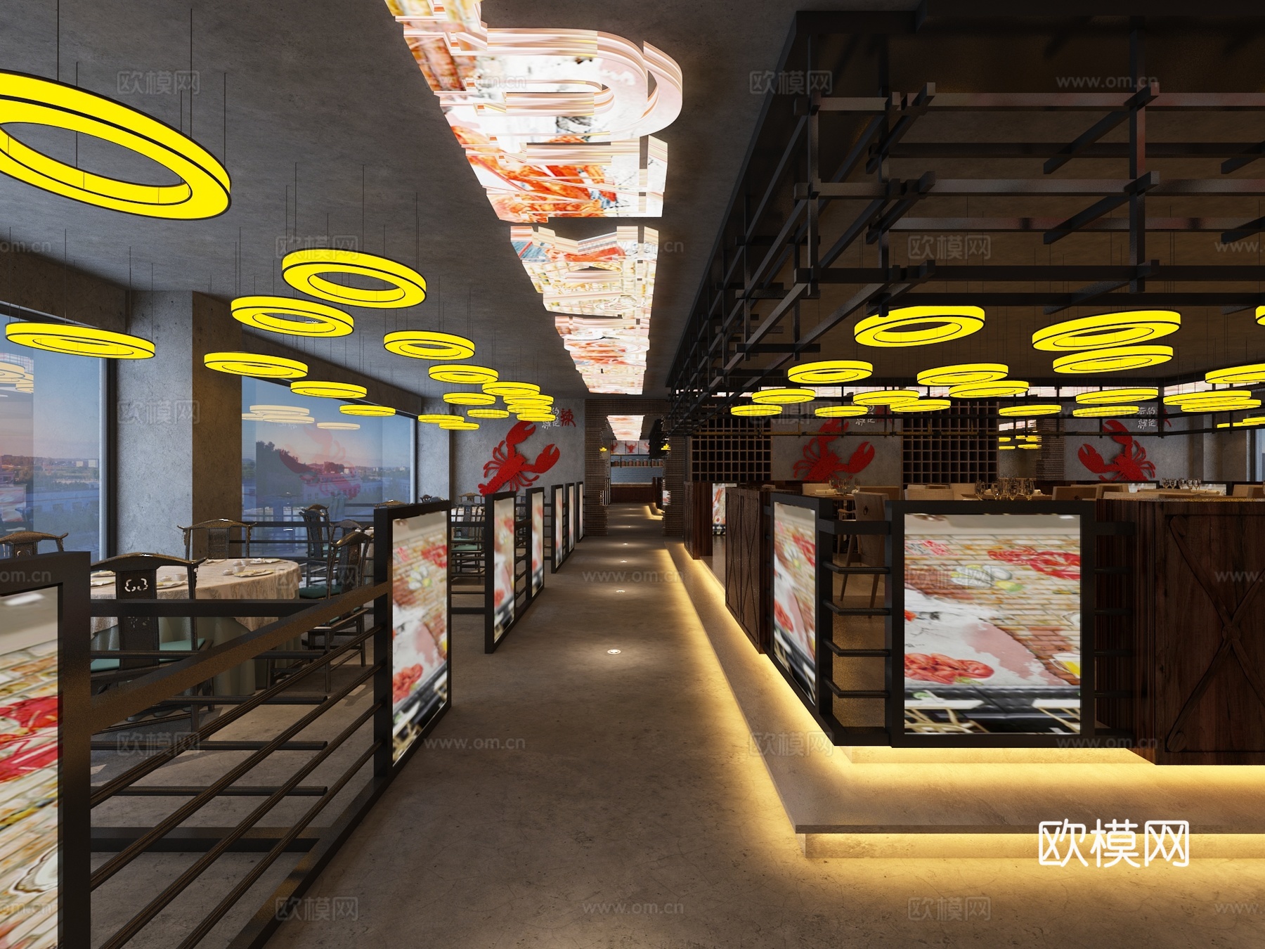 工业风现代餐厅工业餐厅 龙虾主题餐厅 火锅店 吧台 吊灯3d模型