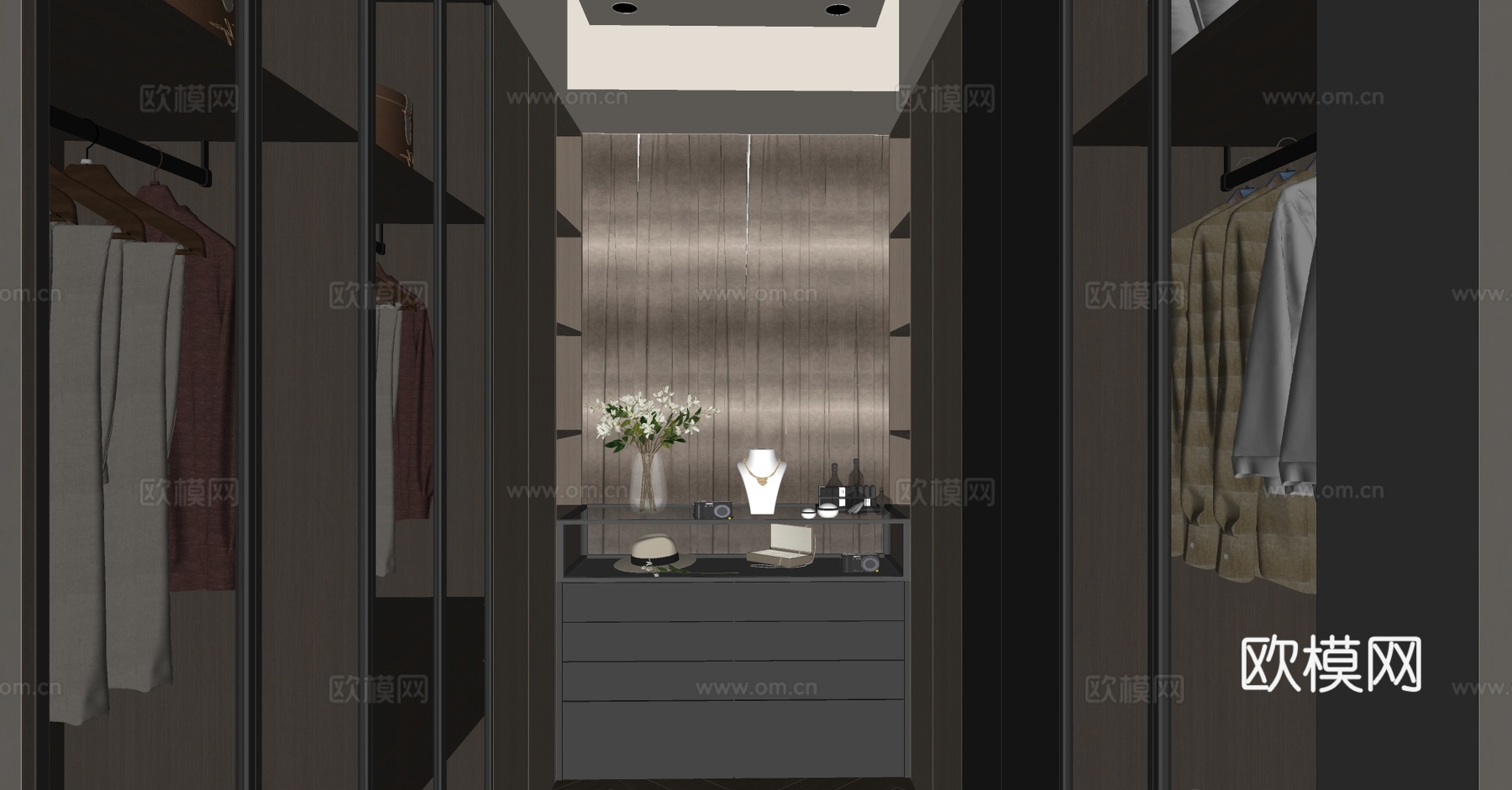 现代意式衣帽间 轻奢椅衣帽间 主卧衣帽间 u型衣帽间 梳妆台su模型