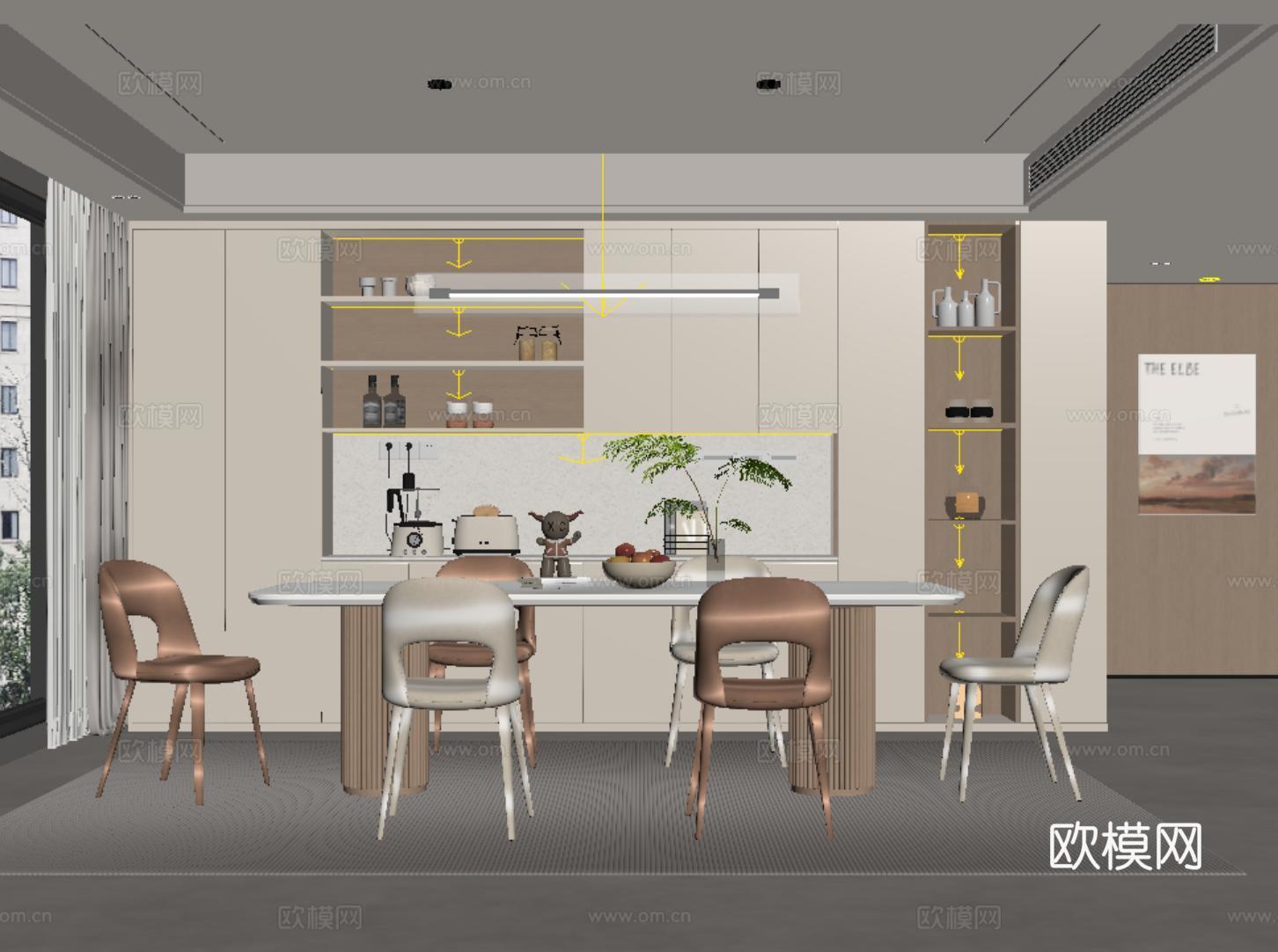 现代餐厅 餐桌椅 酒柜su模型