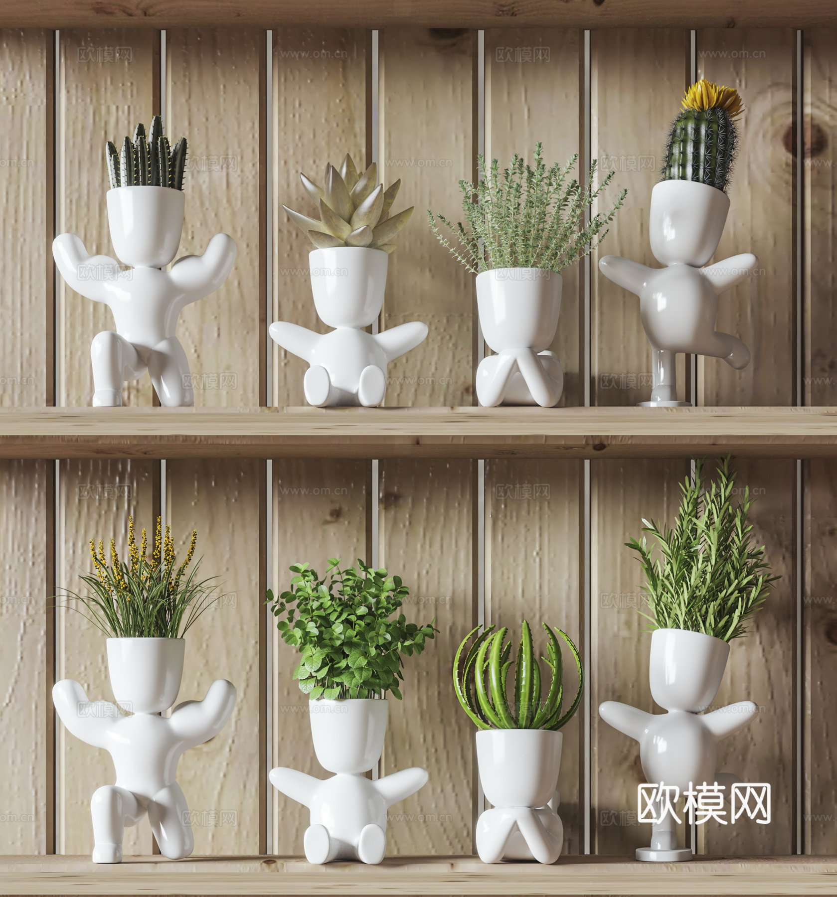 现代人偶盆栽 多肉盆栽 绿植植物 盆景 木花架3d模型