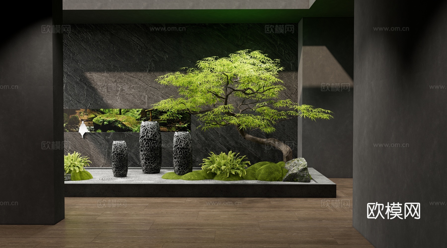 新中式红枫景观造景 庭院小品 苔藓 景观石头 室内绿植景观su模型