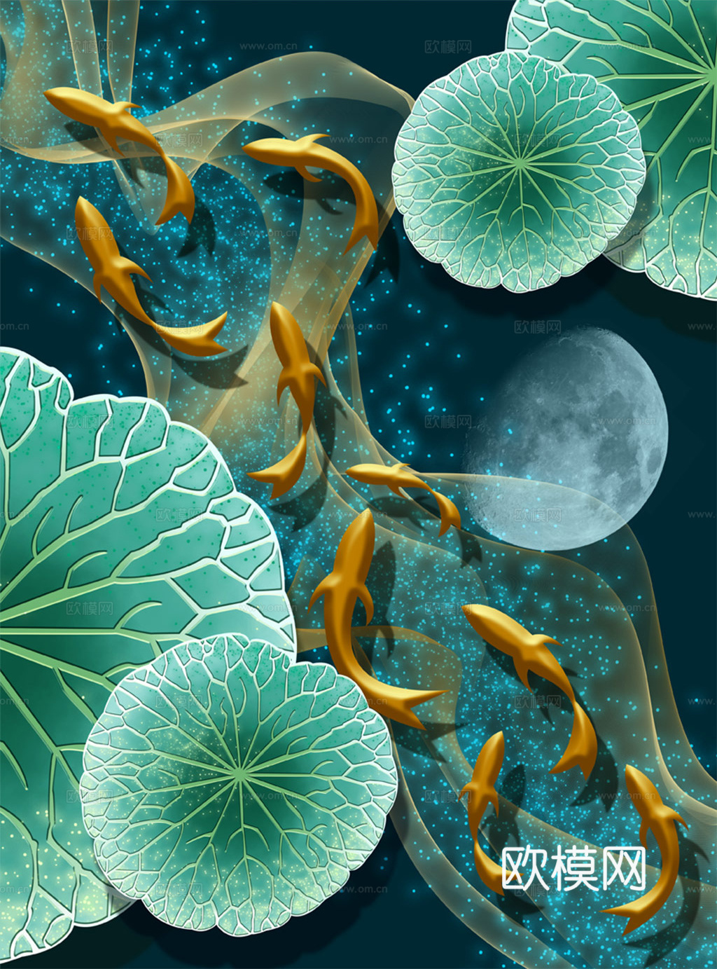 水彩画  荷花 莲花  鱼