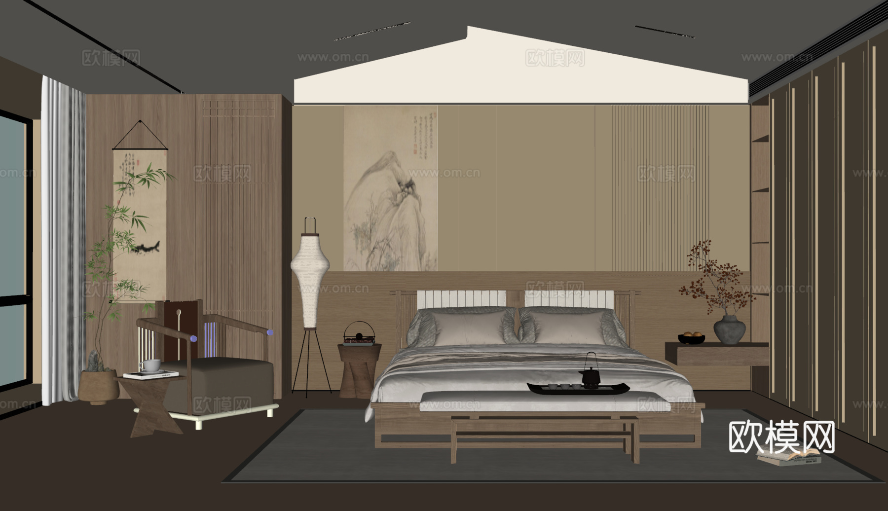 宋氏中古风卧室 双人床组合 床头柜 吊灯 绿植饰品摆件 背景su模型