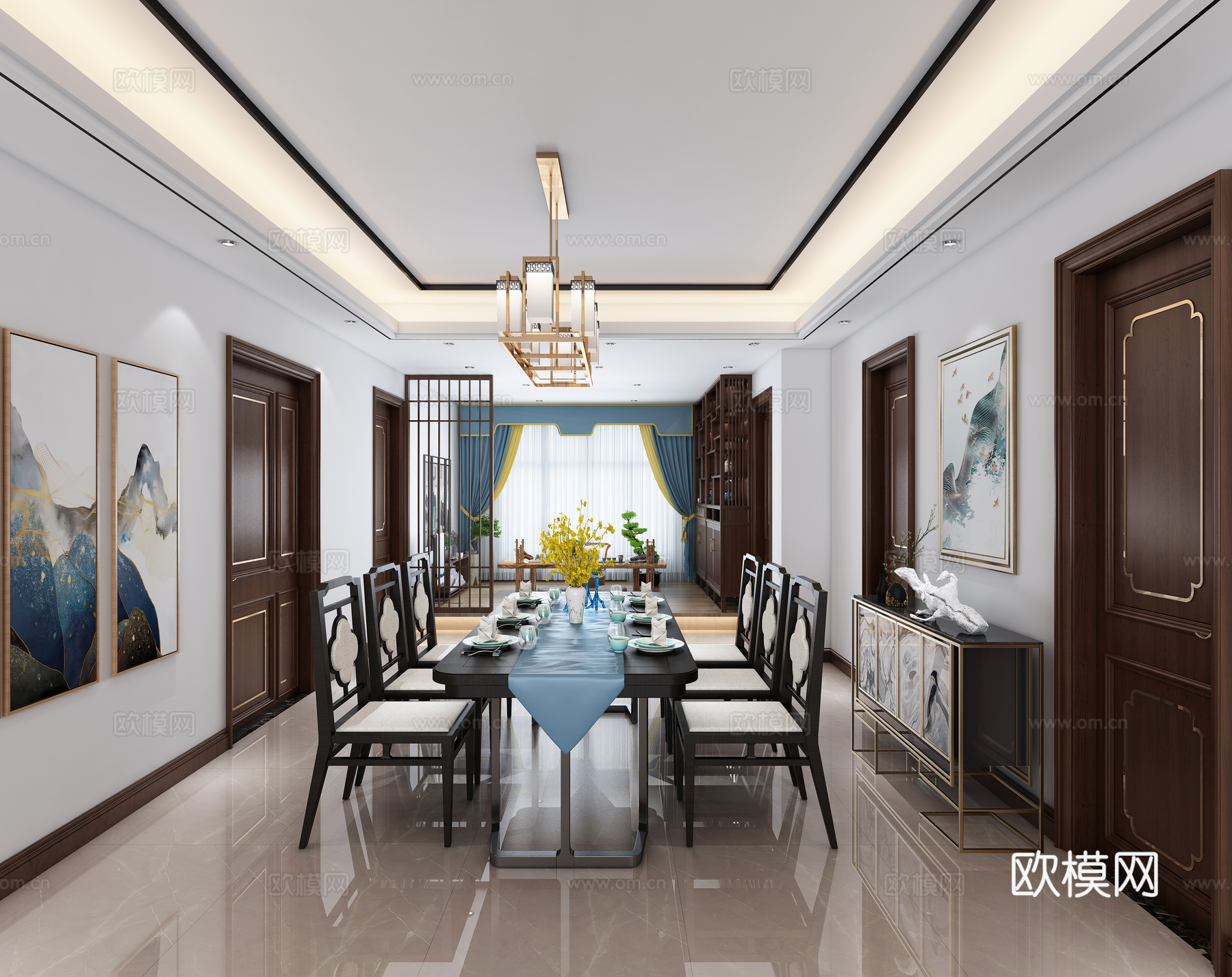新中式客厅 沙发 茶几 边几 台灯 装饰画3d模型