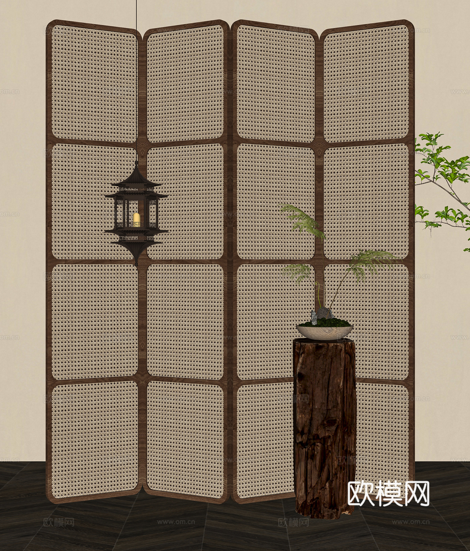 侘寂中古藤编屏风隔断绿植盆景su模型