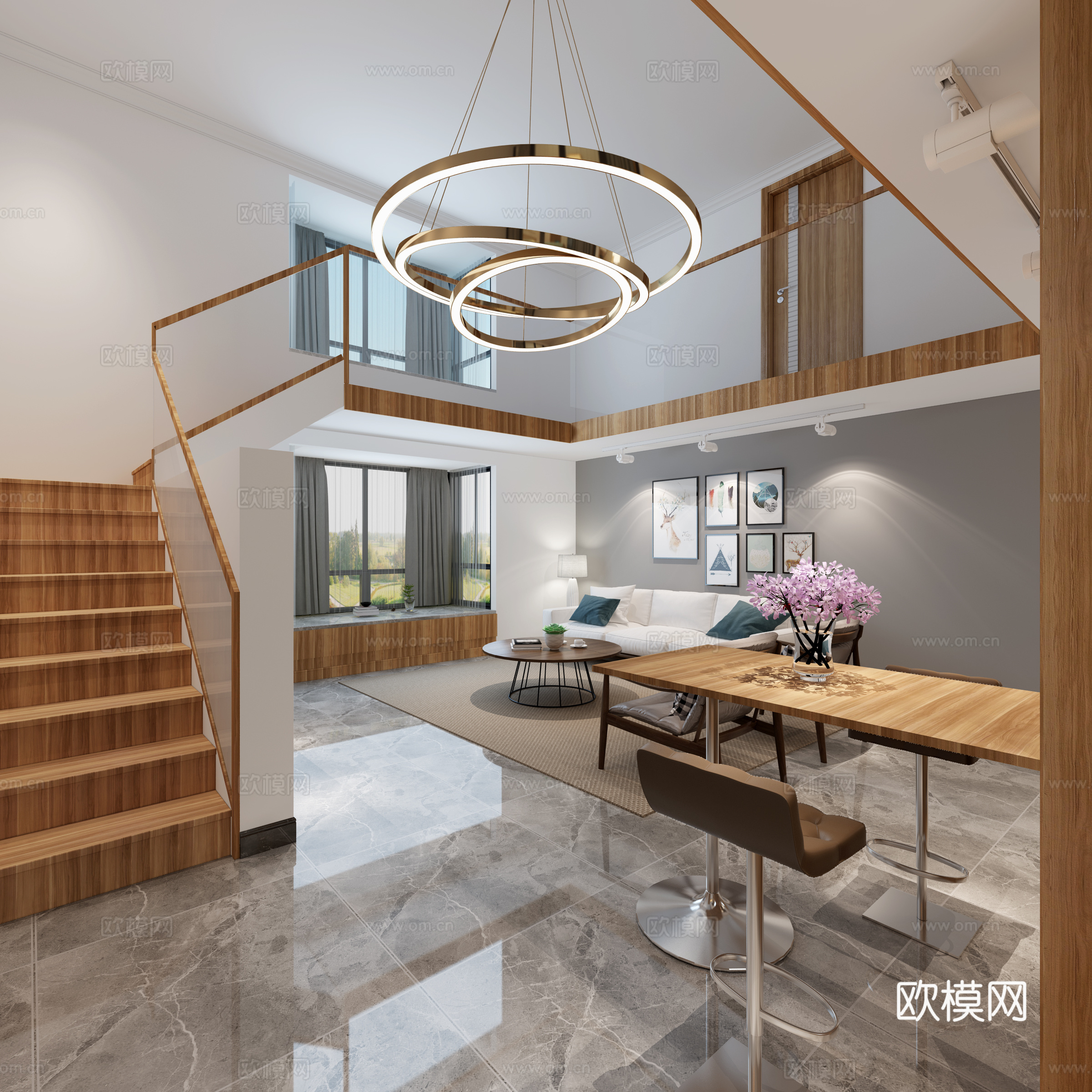 现代复式挑空客餐厅3d模型