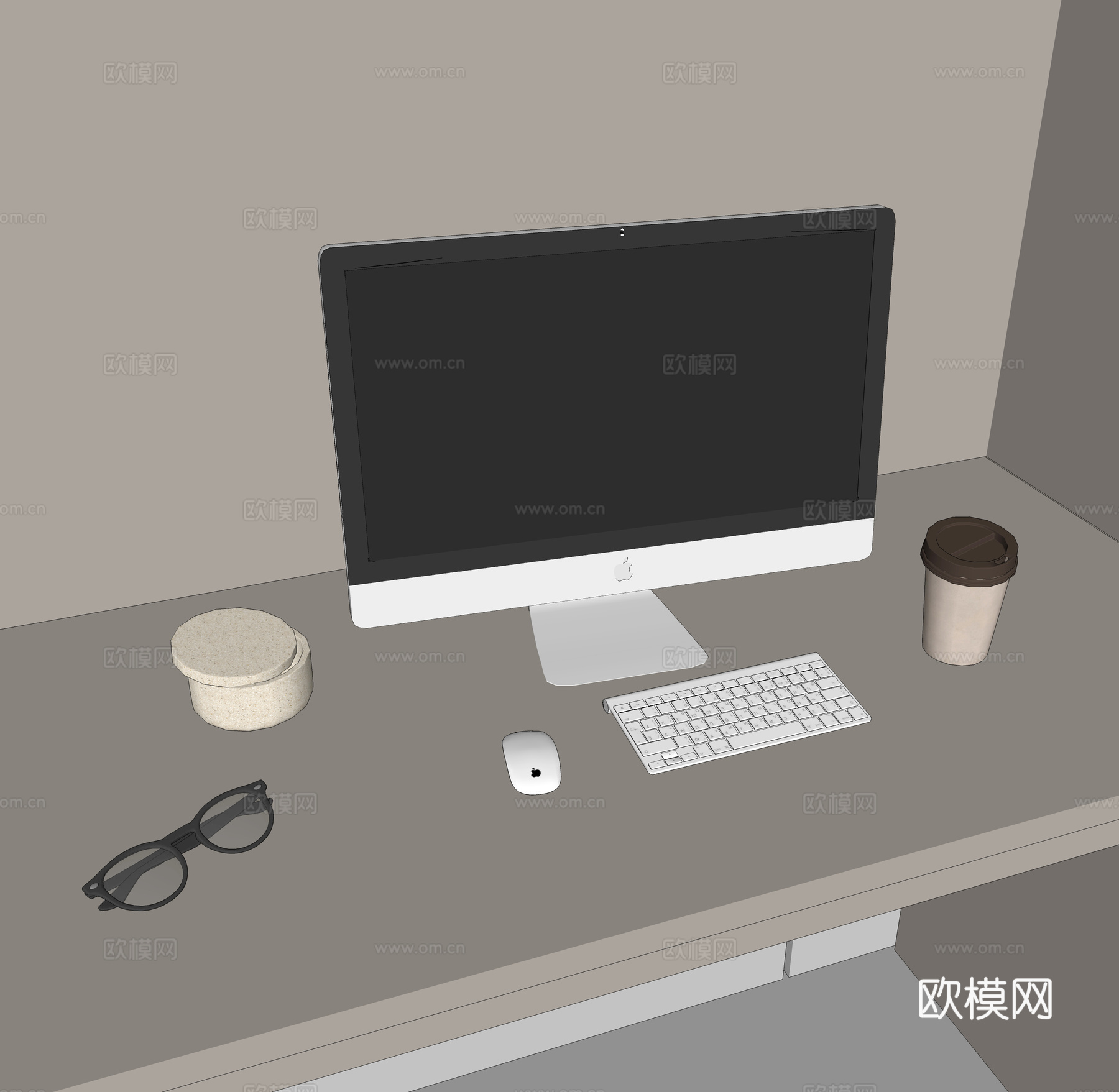 苹果电脑 电脑一体机 键盘 鼠标 眼镜 咖啡杯su模型