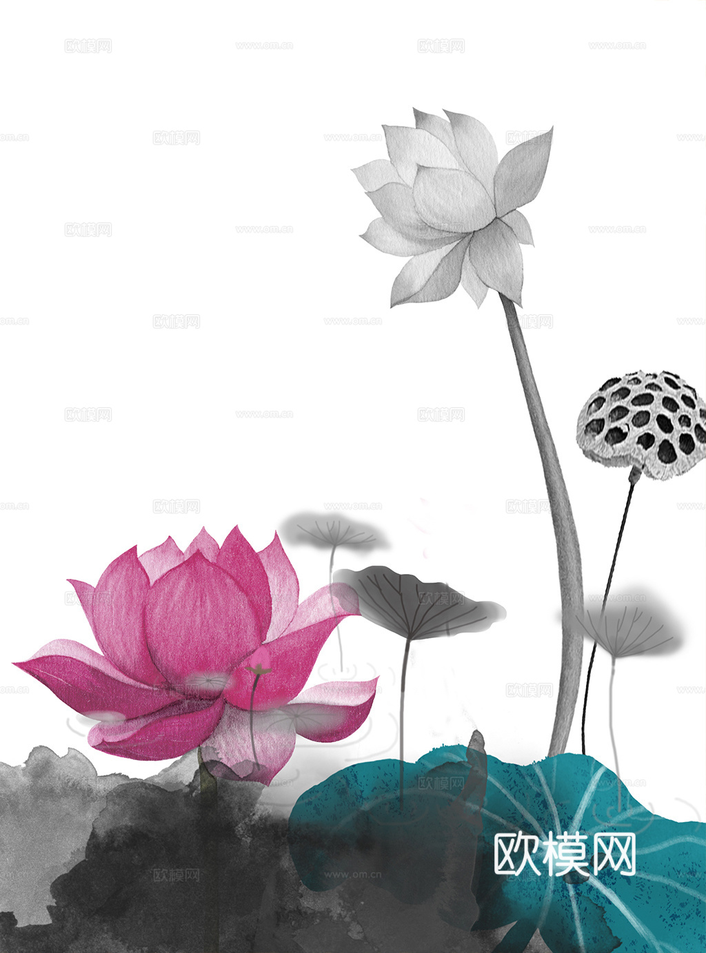 水彩画  荷花 莲花  鱼