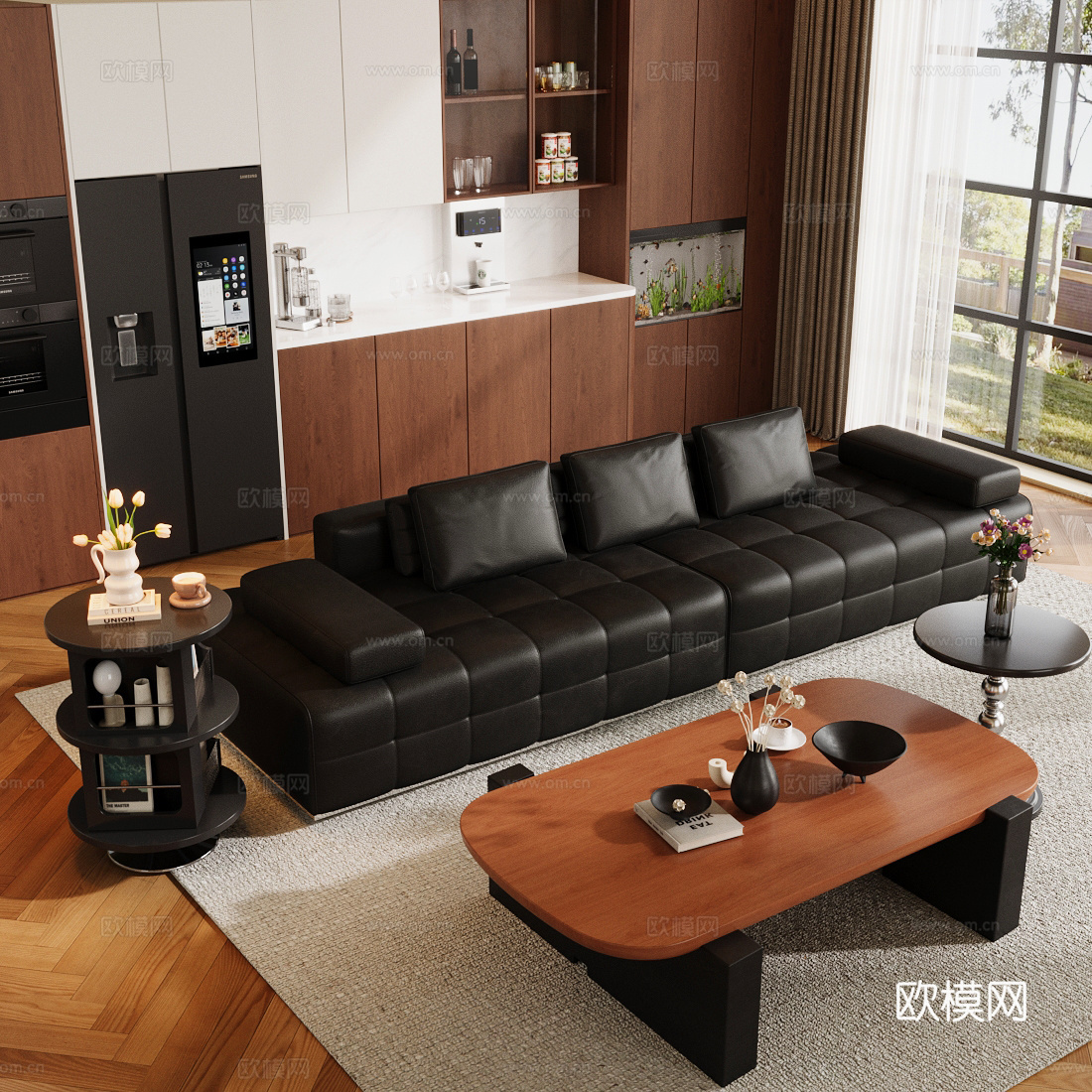 中古沙发组合 中古风客厅 沙发茶几组合 黑色皮质沙发 茶几su模型