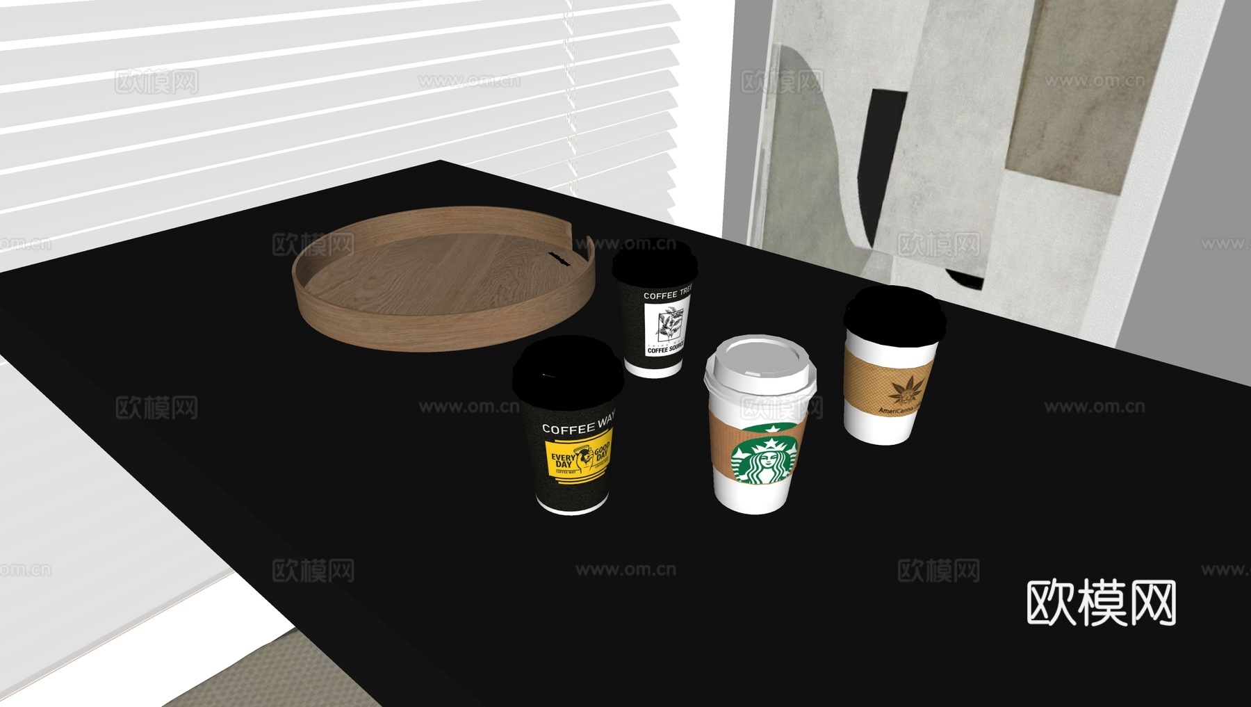 星巴克咖啡咖啡杯 中古实木圆形托盘su模型