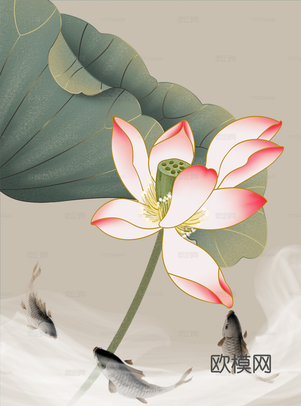 水彩画  荷花 莲花  鱼
