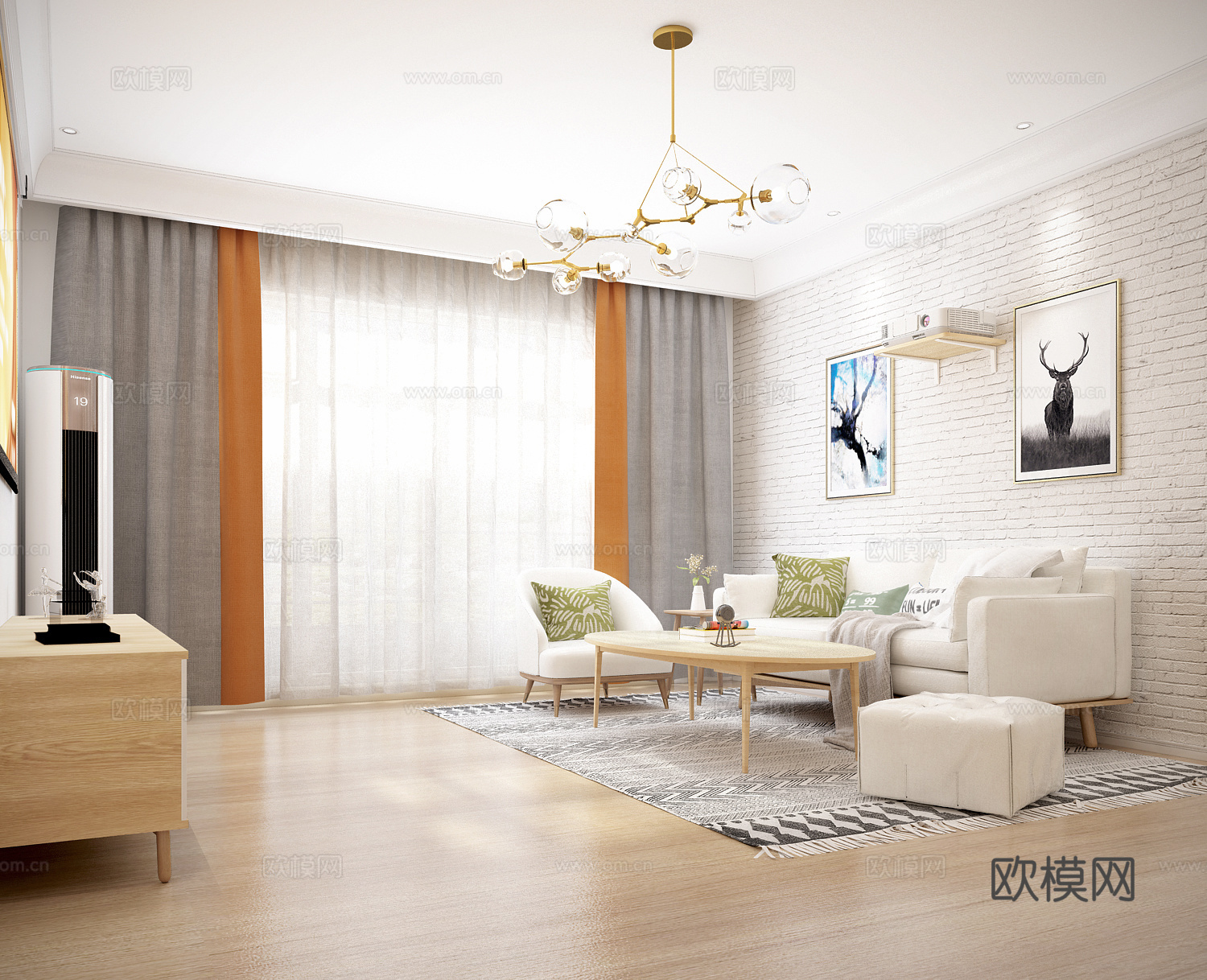 北欧 客厅 投影仪 窗帘 沙发 地毯 挂画 吊灯 抱枕3d模型