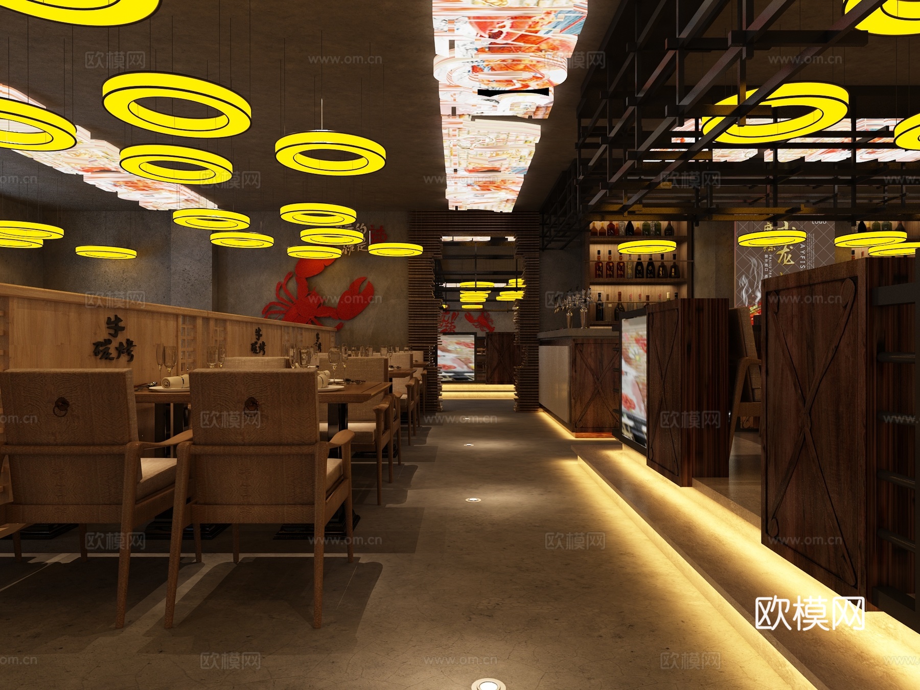 工业风现代餐厅工业餐厅 龙虾主题餐厅 火锅店 吧台 吊灯3d模型