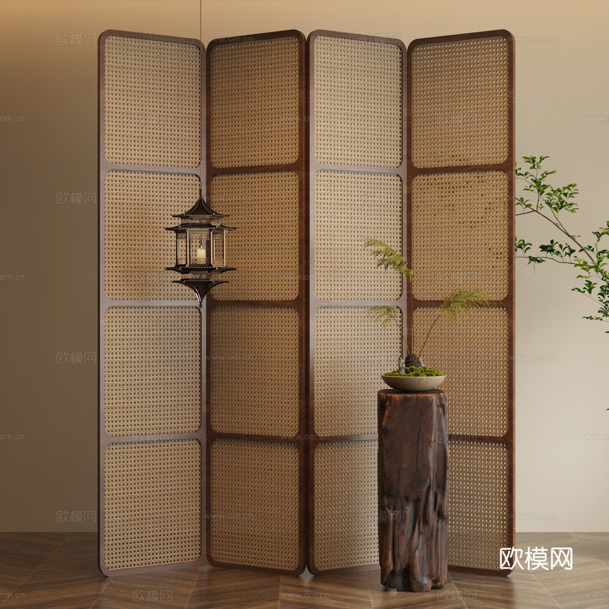 侘寂中古藤编屏风隔断绿植盆景su模型