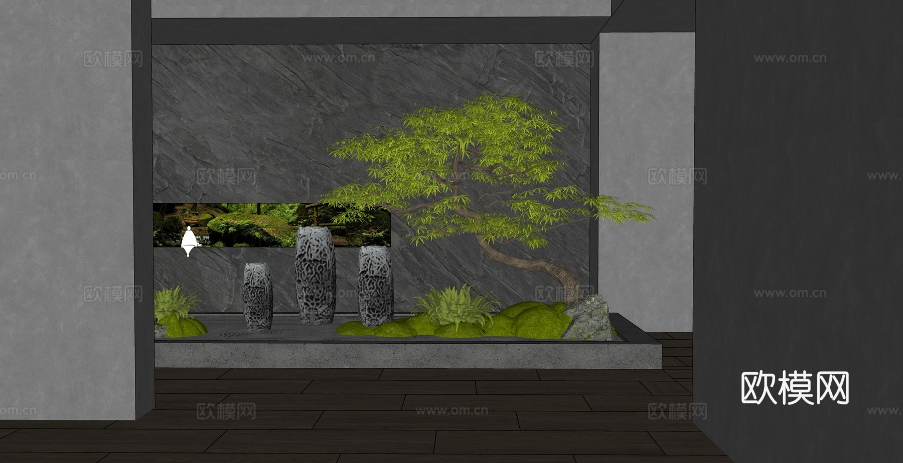 新中式红枫景观造景 庭院小品 苔藓 景观石头 室内绿植景观su模型