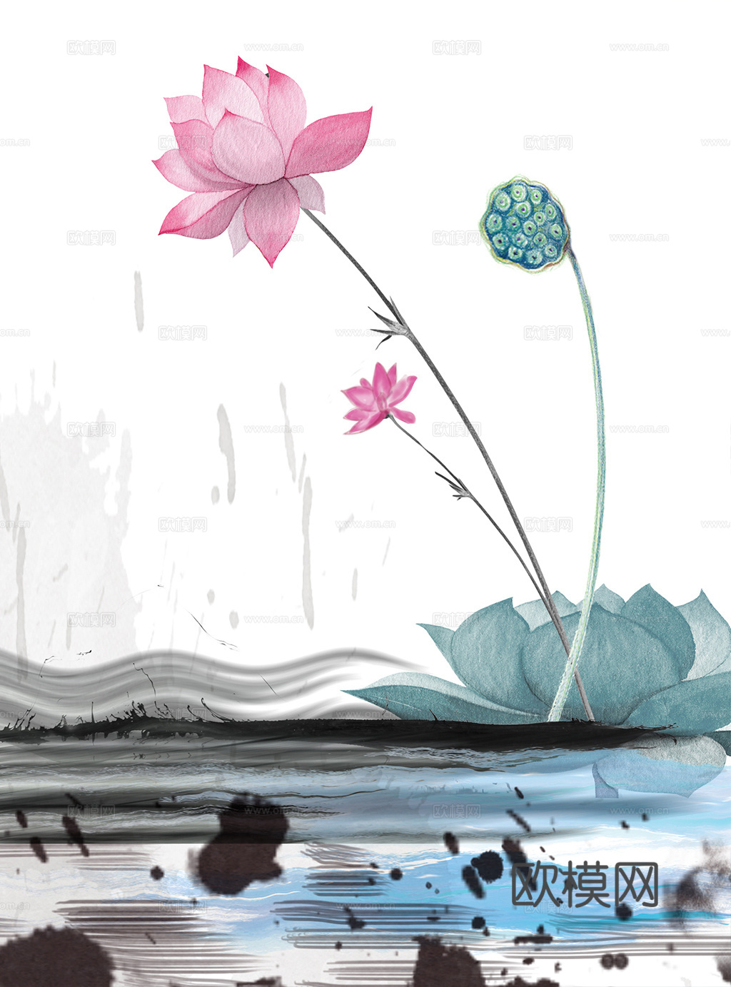 水彩画  荷花 莲花  鱼
