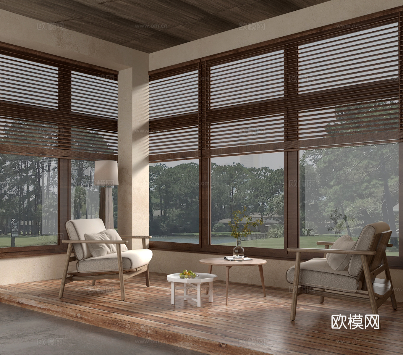 侘寂中古休闲沙发茶几百叶帘su模型下载（渲染图1）