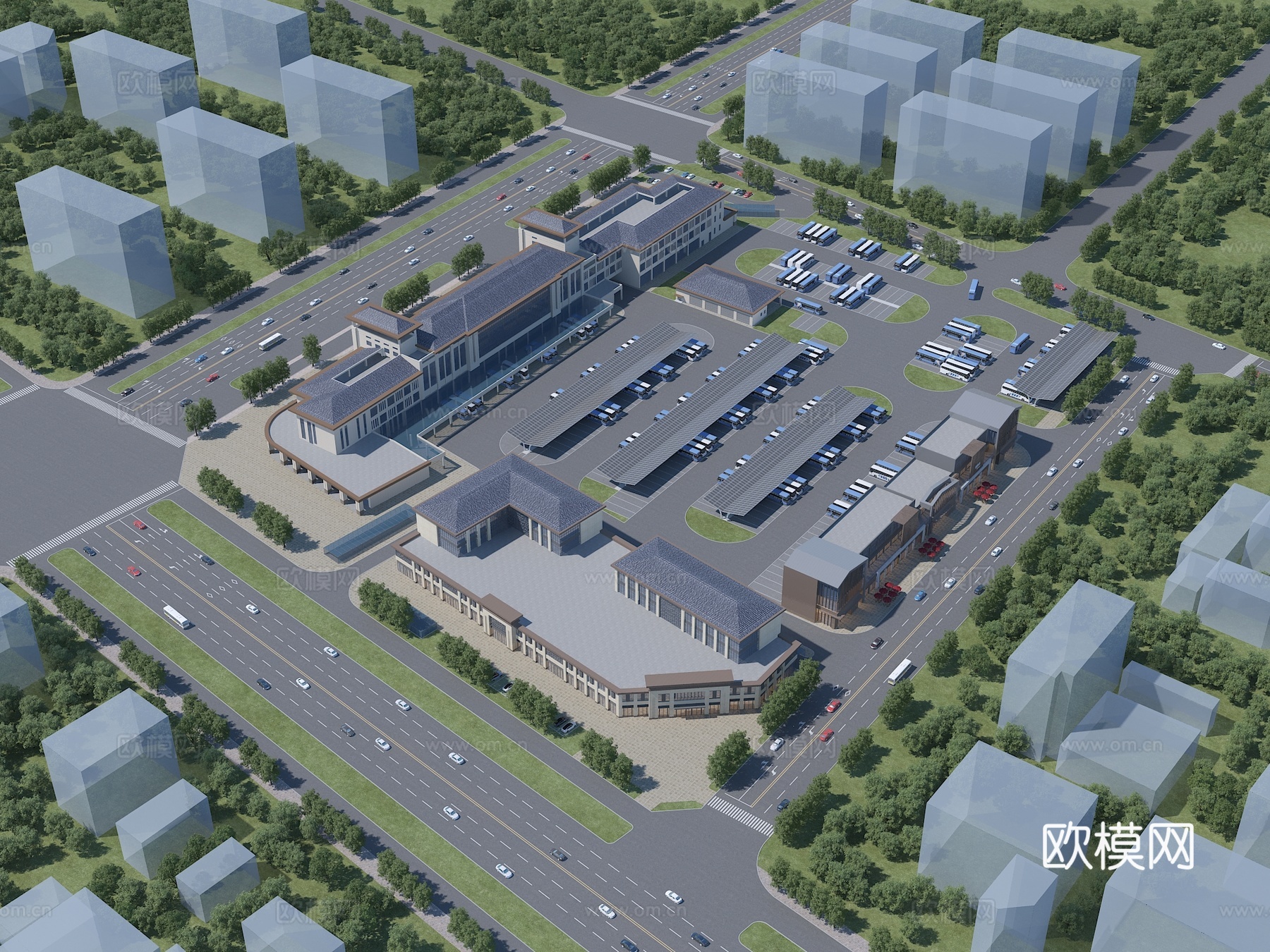 中式建筑 客运站 汽车站 配套商业 光伏车棚3d模型