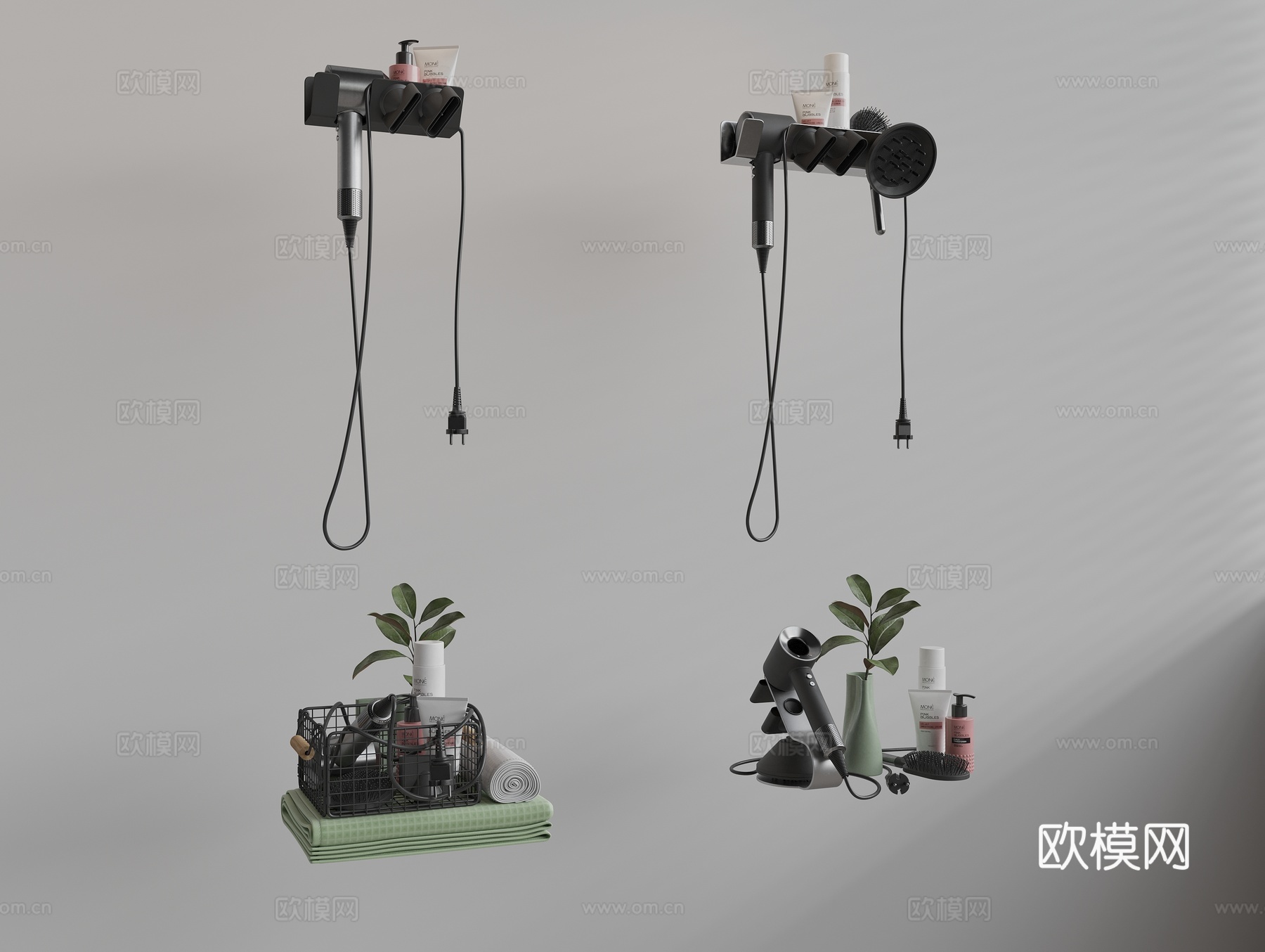 吹风机 吹风机架 毛巾 梳子 洗护用品 花瓶绿植3d模型