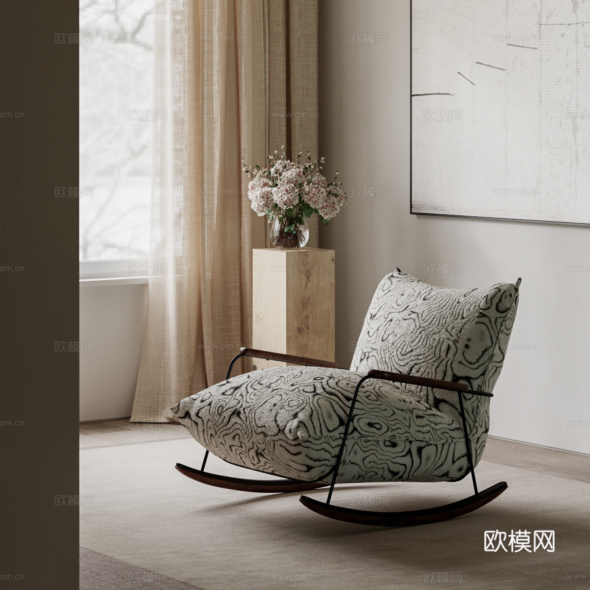 中古休闲椅 布艺摇椅 虎皮纹休闲椅 虎皮纹摇椅su模型