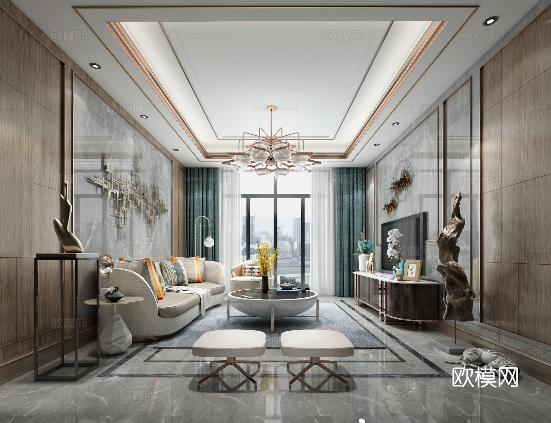 后现代轻奢客厅 沙发茶几 吊灯 挂画3d模型