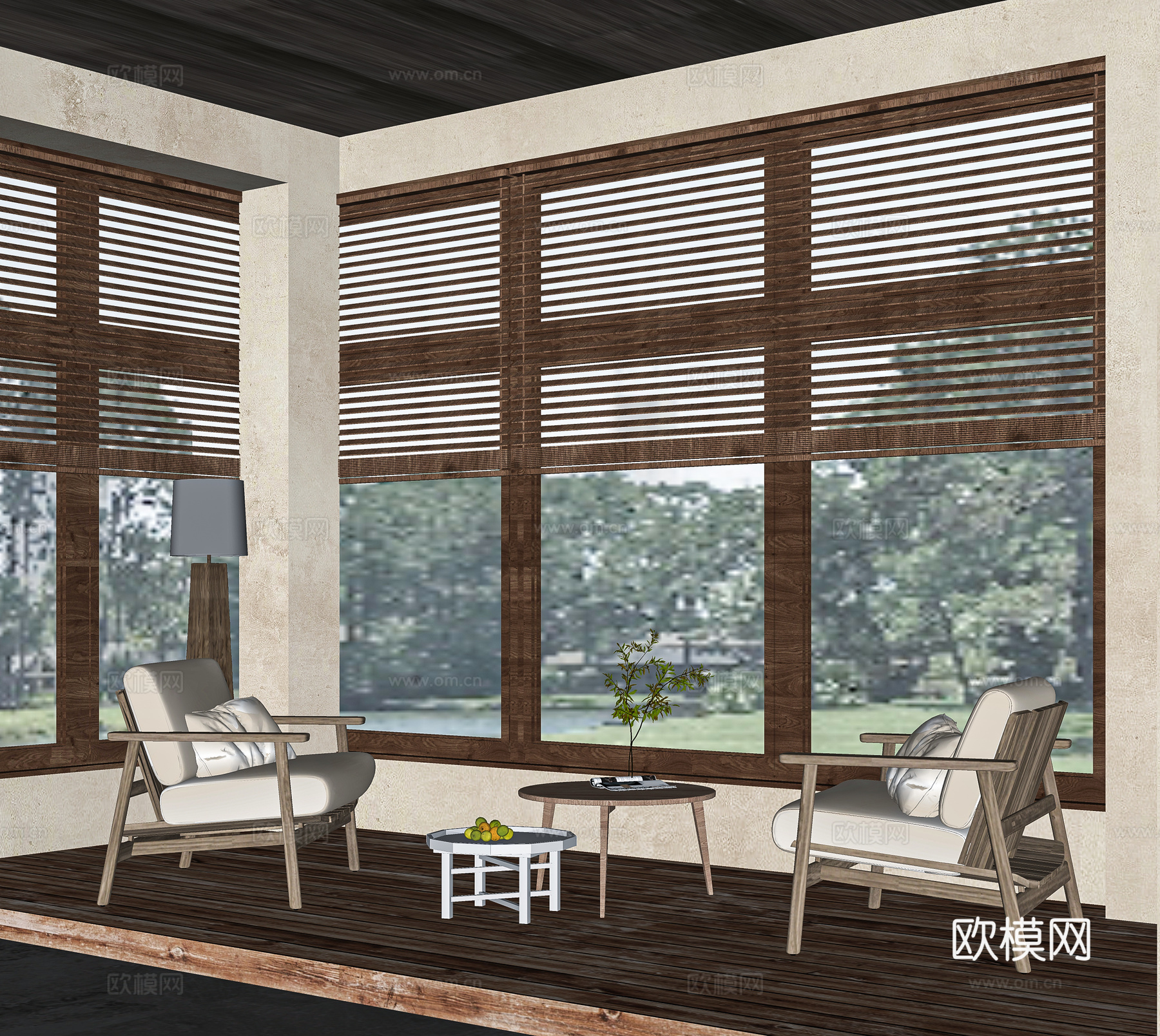 侘寂中古休闲沙发茶几百叶帘su模型下载（渲染图2）