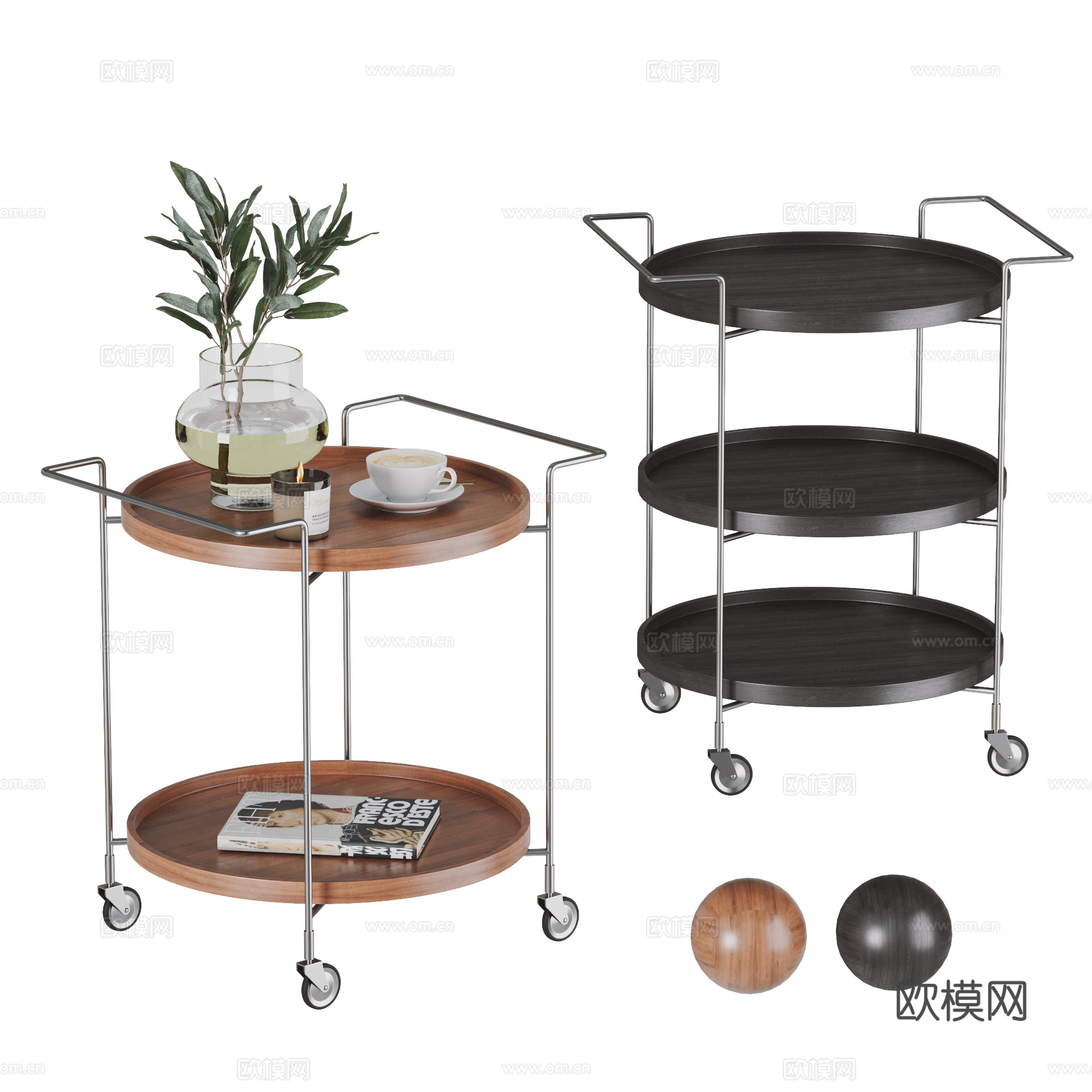 中古风边几组合 移动边几 滑轮边几  推车边几 圆边几 花瓶su模型