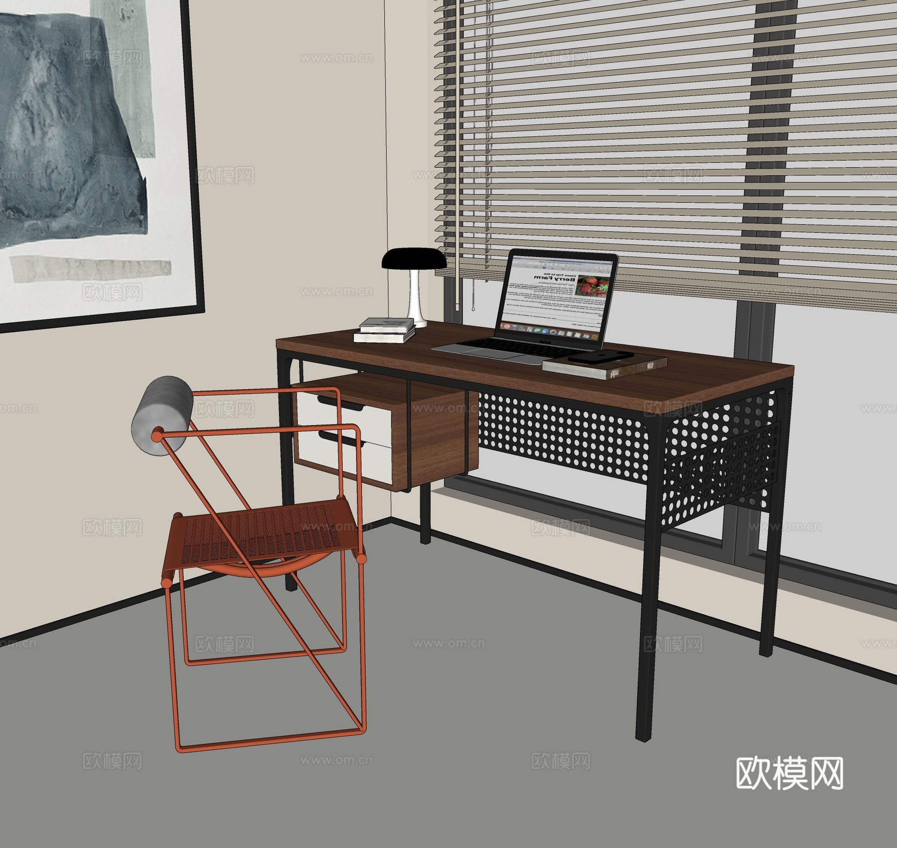 现代书桌椅子 工业风书桌椅子 极简书桌椅子 台灯 书桌装饰摆su模型