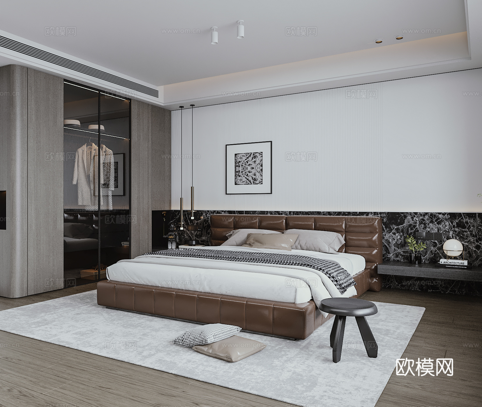 现代卧室 高档皮质双人床 酒店公寓房间 深色黑色系房间 衣柜3d模型